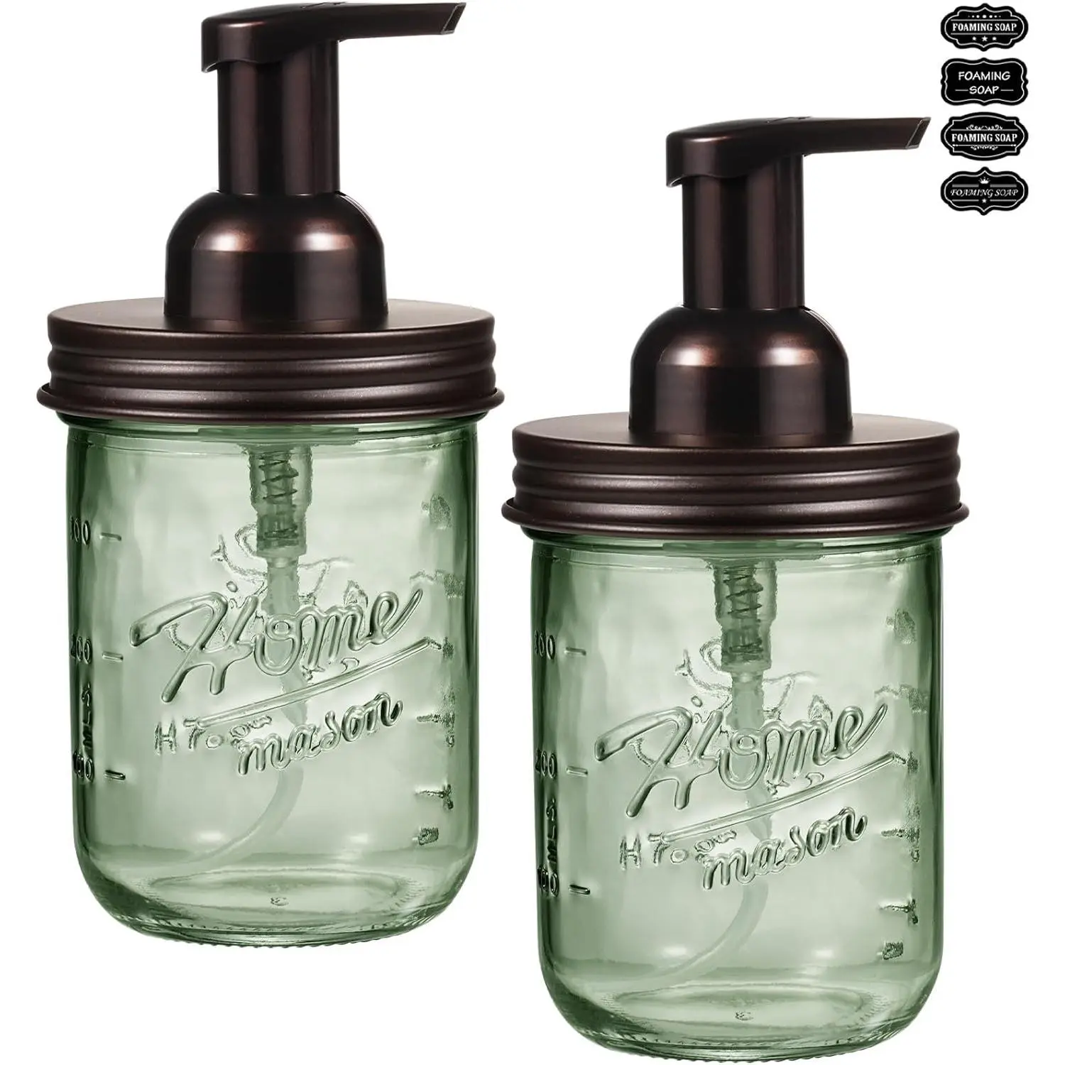 Mason Jar Foaming Soap Dispenser, Stainless Steel Lid,  Pump, Green Glass  Hand Soap Dispenser, 16 Oz Refillable Liquid  Dispenser Bottle for Bathroom Kitchen-Bronze, 2 Pack