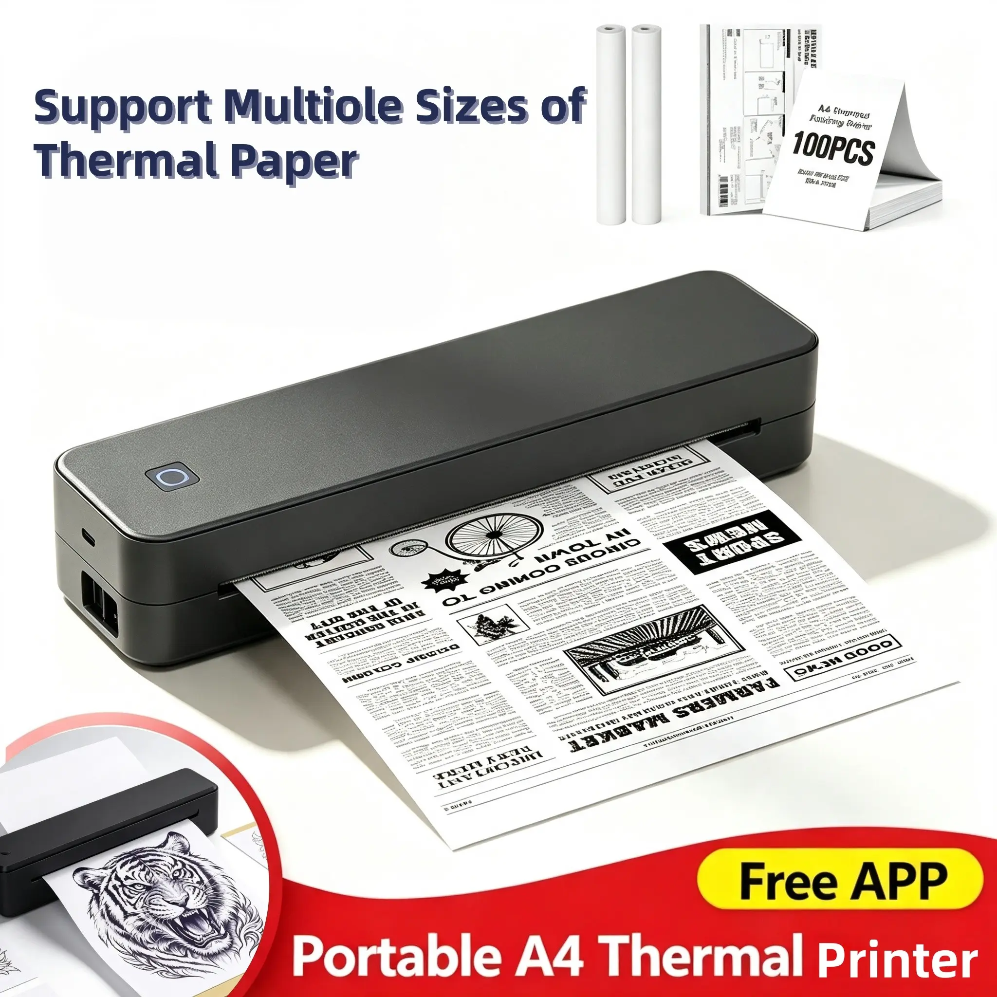 Portable A4 Thermal Printer, Bluetooth-compatible Wireless Inkless Printing, Prints Pdfs, Photos, Files, Home Office Tattoo Transfer Machine