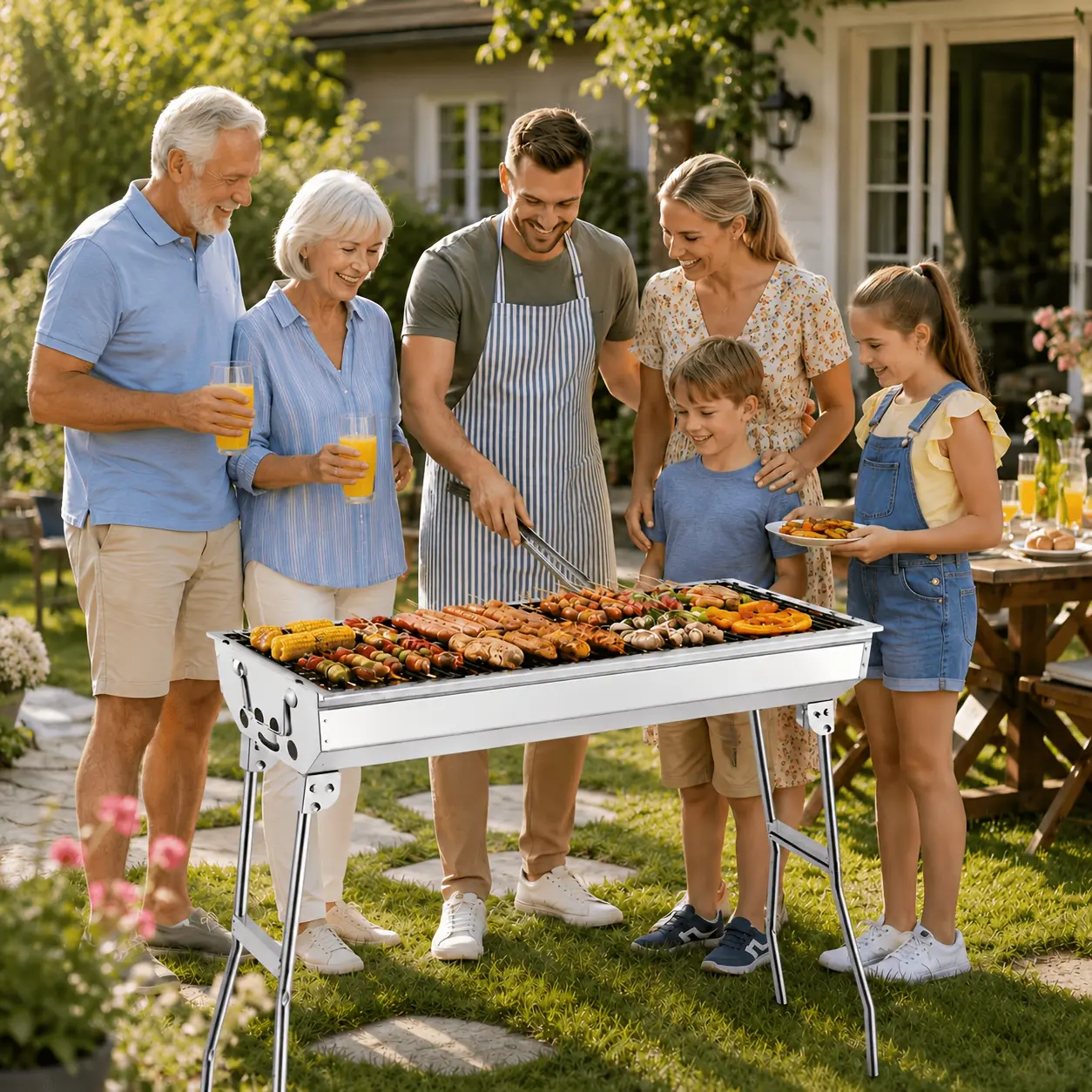 Large Portable Charcoal Grill - Stainless Steel Folding BBQ Grill With 7 Accessories; Suitable For Outdoor Cooking, Camping, Picnics, Backyards, Gardens, Patios, And Family Gatherings; Large Size: 28.74 X 27.95 X 12.99 Inches.