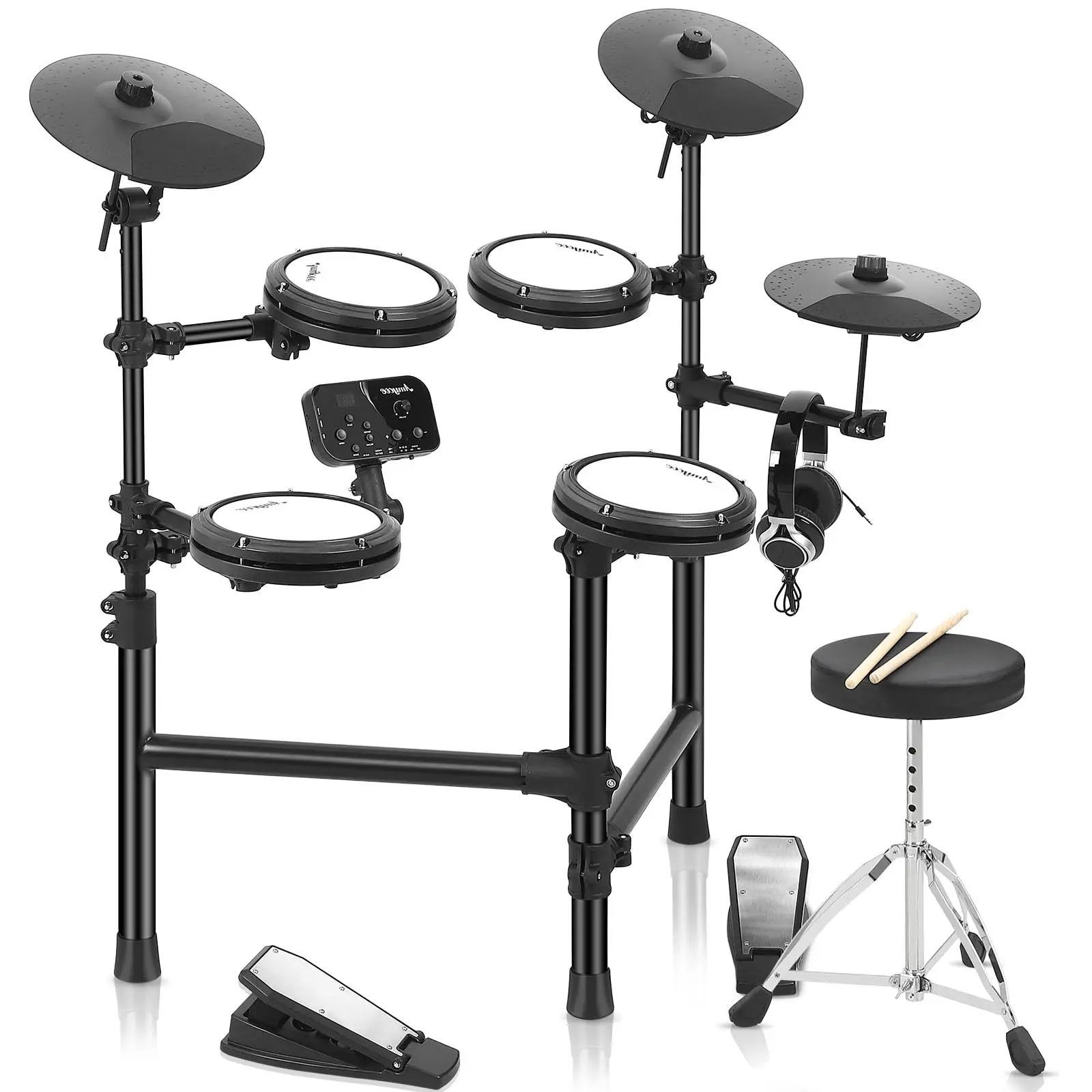 Portable Electronic Drum Set with 150 Sounds, 4 Quiet Mesh Pads, 2 Pedals, Throne, Headphones, Sticks, and Melodics Lessons – Ideal for Beginners