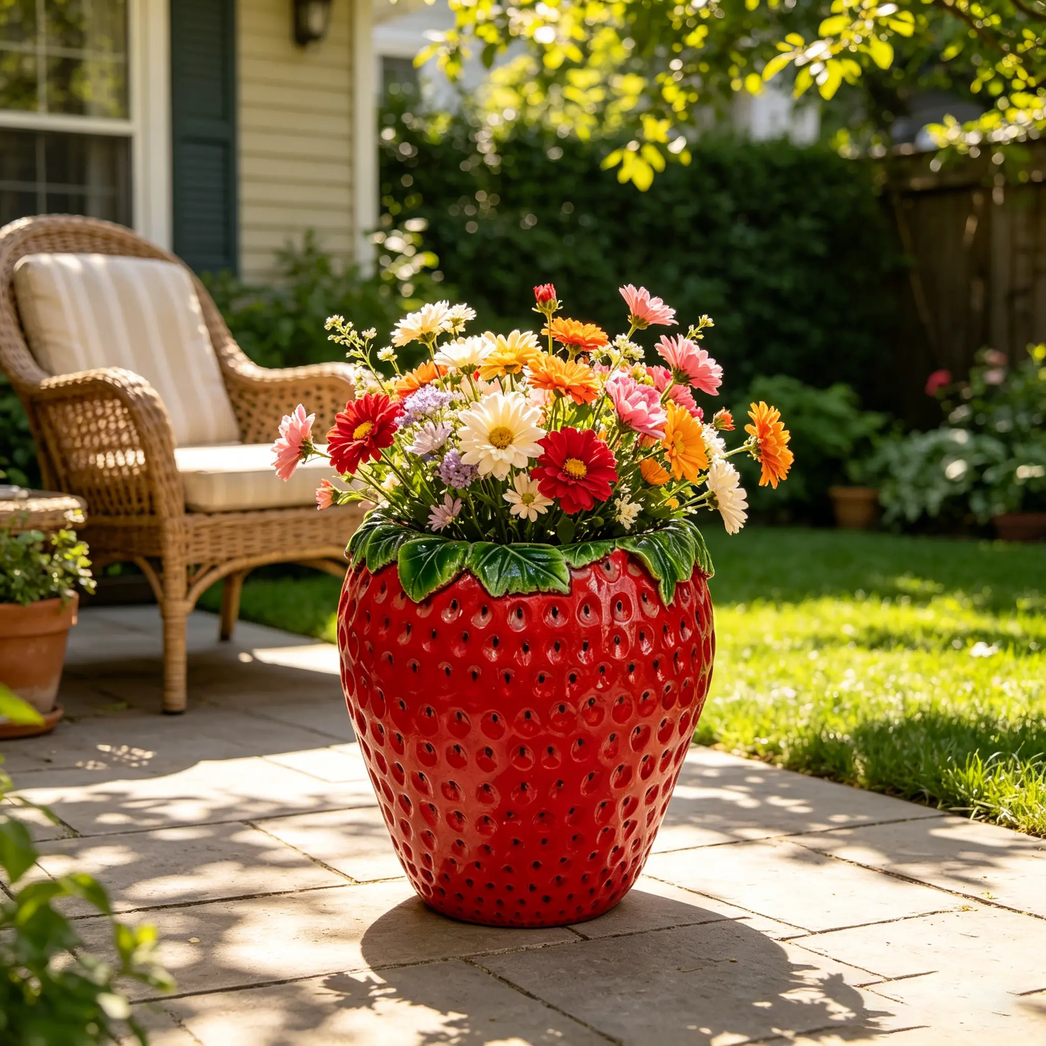 Nokaa Strawberry Shaped Planter Pot 15 Inch Tall Cute Fruit Decorative Flower Vase Weather Resistant Outdoor Garden Planter for Patio Porch Yard Lawn Entryway Home Tabletop Decor