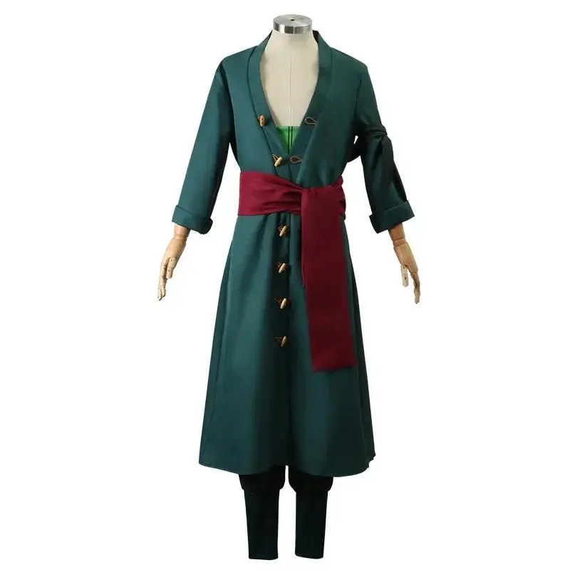 The whole series Anime Roronoa Zoro Cosplay Costume Uniform Green Coat Belt Pants Head Scarf Roronoa Zoro Wig Earrings Halloween