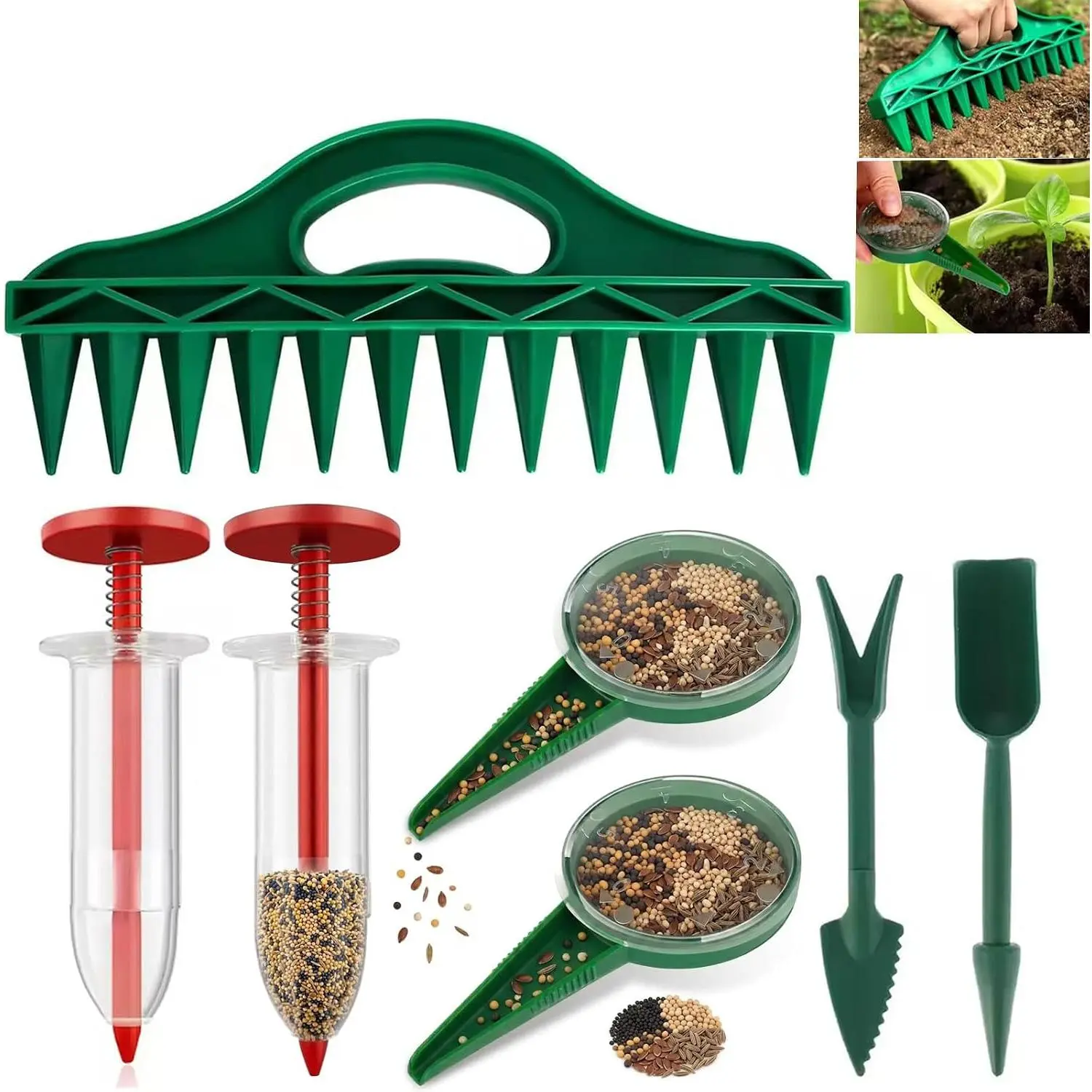 12-Hole Digger Seed Spreader,7 Piece Sowing Seeds Dispenser Set,Mini Seed Dispenser for Small Seeds, Handheld Seed Planter Tool Seed Dibber Multifunctional Spacer Gardening Tools