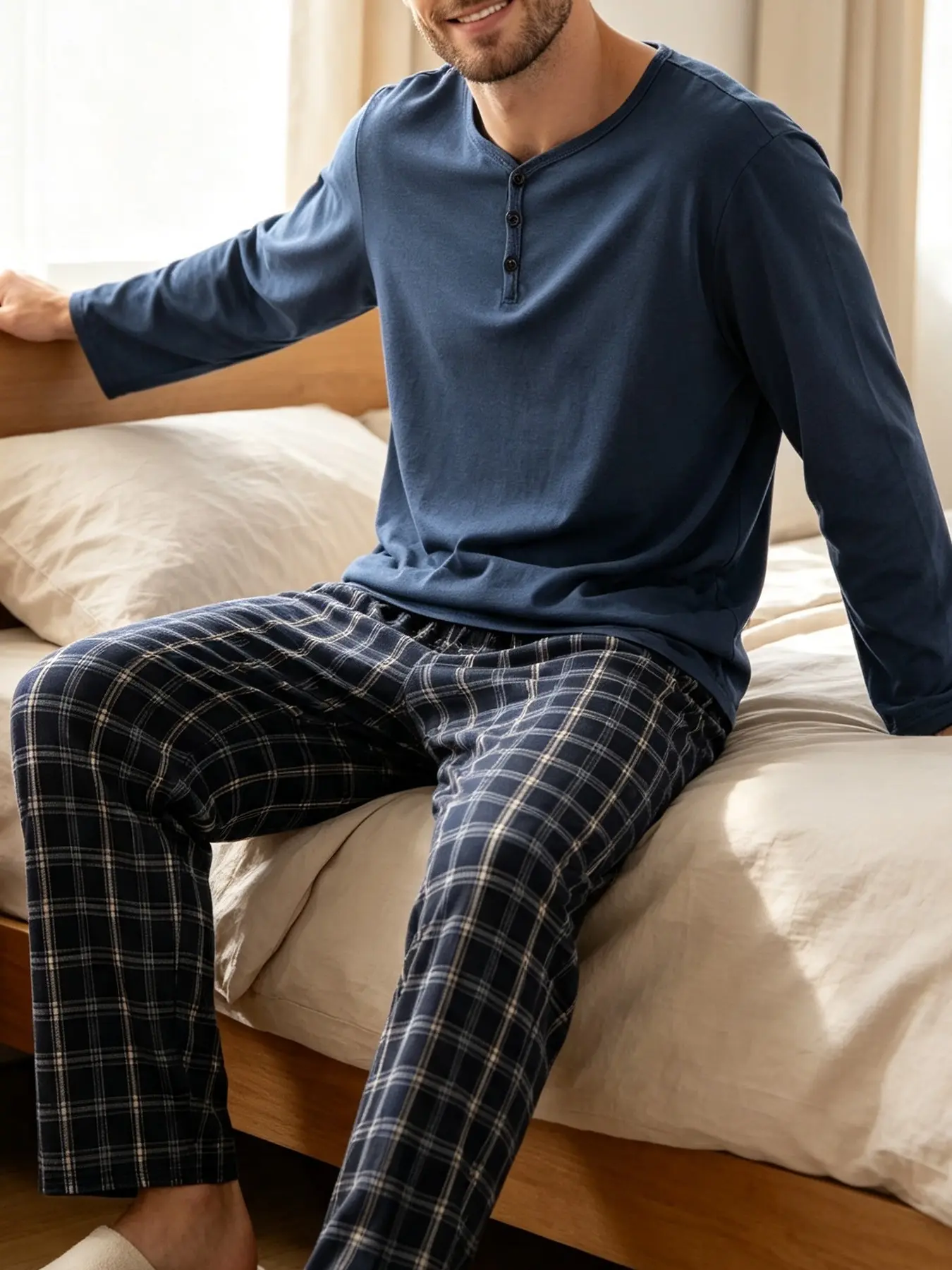 Men Navy Henley 3-Button Long Sleeve Dual-Use Loungewear 2 Piece Set, Solid Color Top & Elastic Waist Plaid Straight Pants, Soft Wrinkle Resistant Outfit For Indoor Rest, Grocery Shopping, Casual Street Errands & Light Outdoor Activities