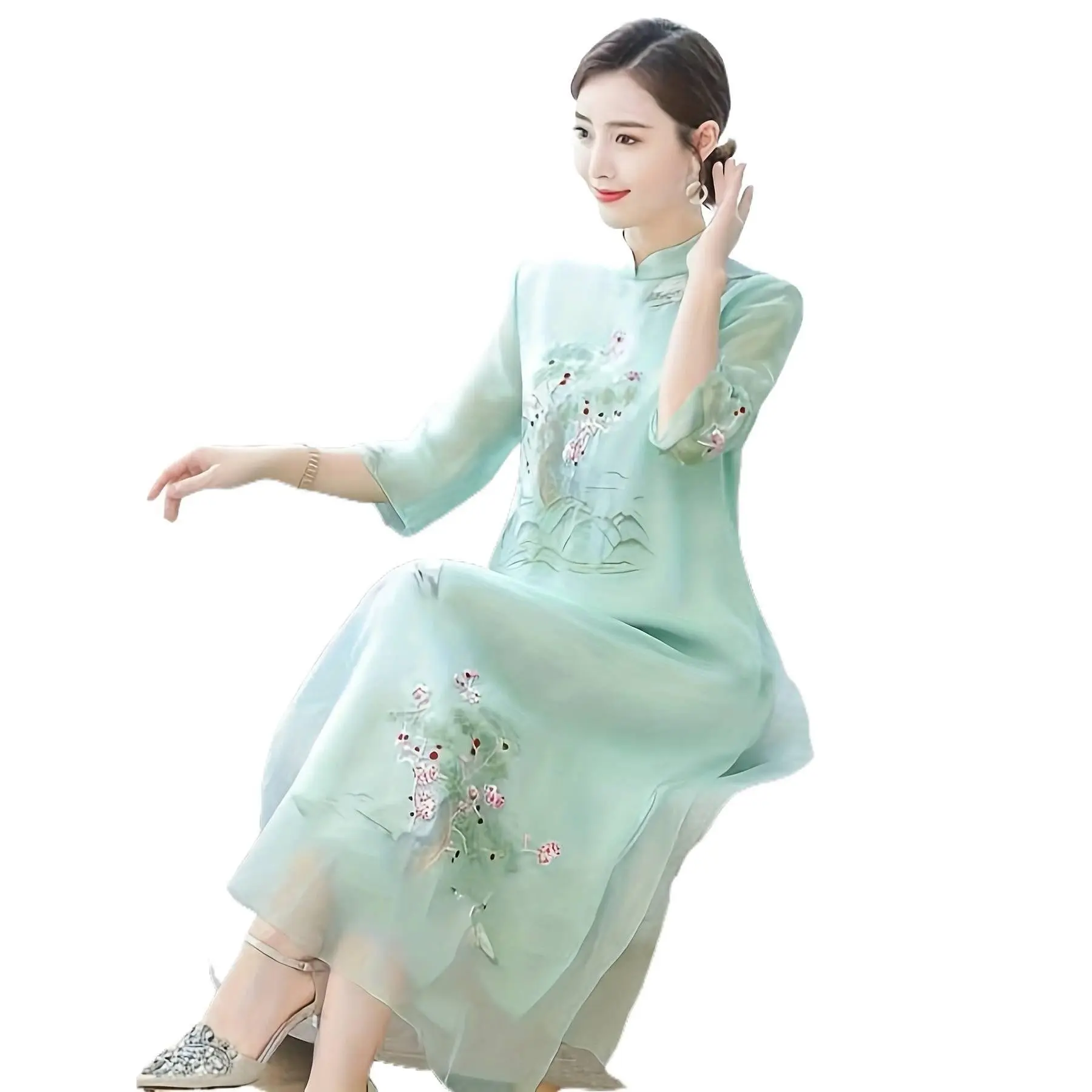 Women's Traditional Slim-Cut Long-Sleeve Double-Layer Embroidered Zippered Front Cheongsam Dress - Literary Elegant Womenswear for Casual, Formal Occasions