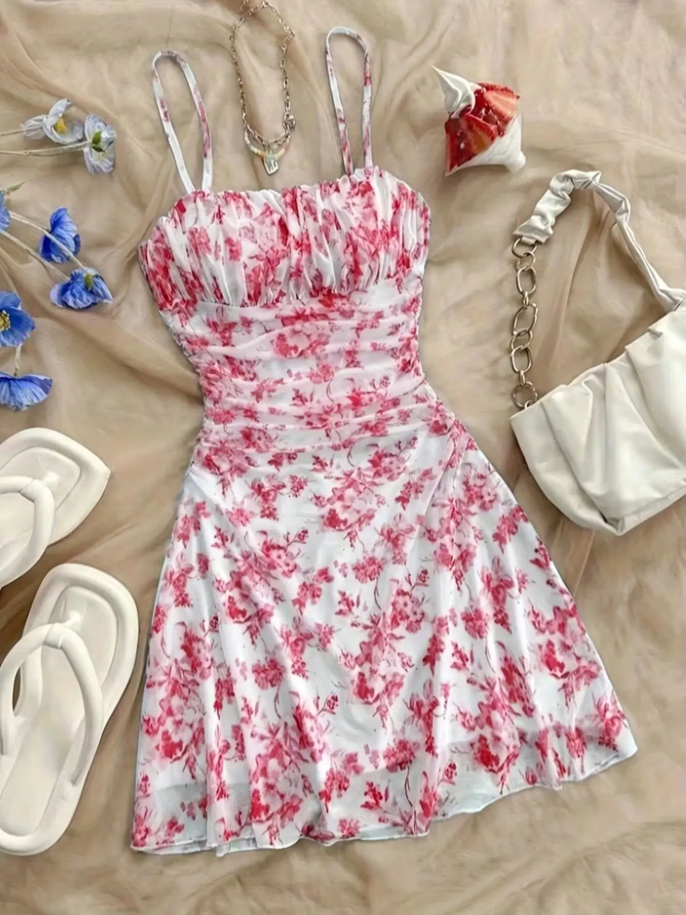 Teenage Girl Floral Print Halter Dress Fit, New Fashion Elegant Casual All-Season Summer, Youthful Style for Spring & Fall