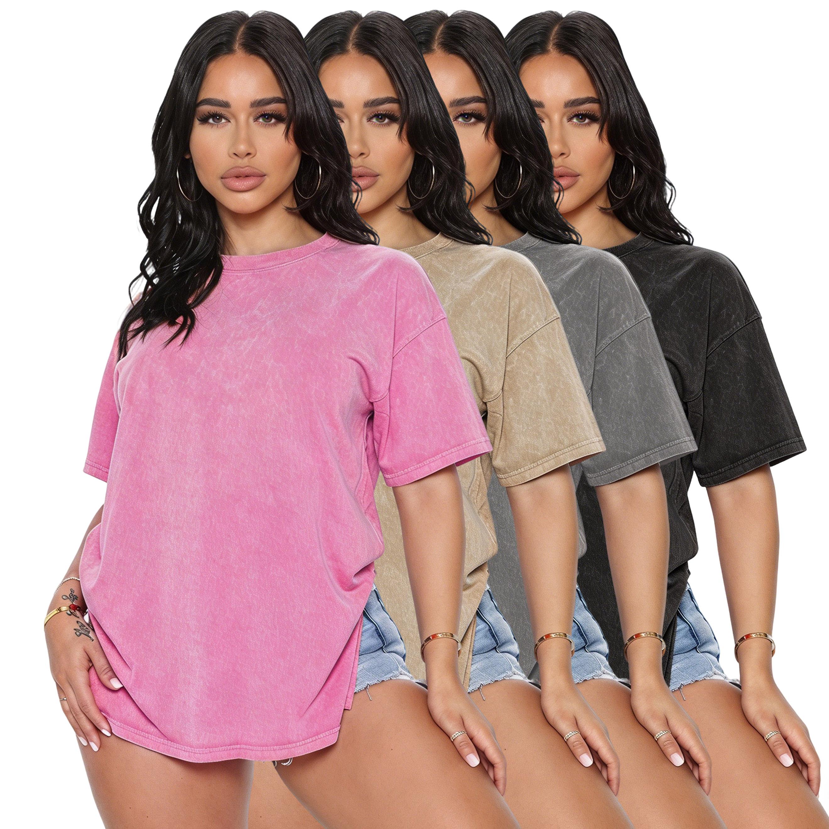 Women's 4-Pack Pure Cotton Crew Neck Short Sleeve Loose-Fit Plain Casual Machine-Washable Basic Tees, Distressed Wash Round Neck Cotton Shirt Tees, Shortsleeve Crewneck Streetwear Top Shirts for Women, Basic Tops