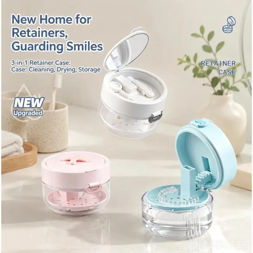 Upgraded 3-in-1 Leak Proof DentureBath Box, Large Capacity Invisalign Retainer SoakCup with Built-in Mirror, Cleaning Brush, Long NailFriendly Removal Tool & Strainer Basket