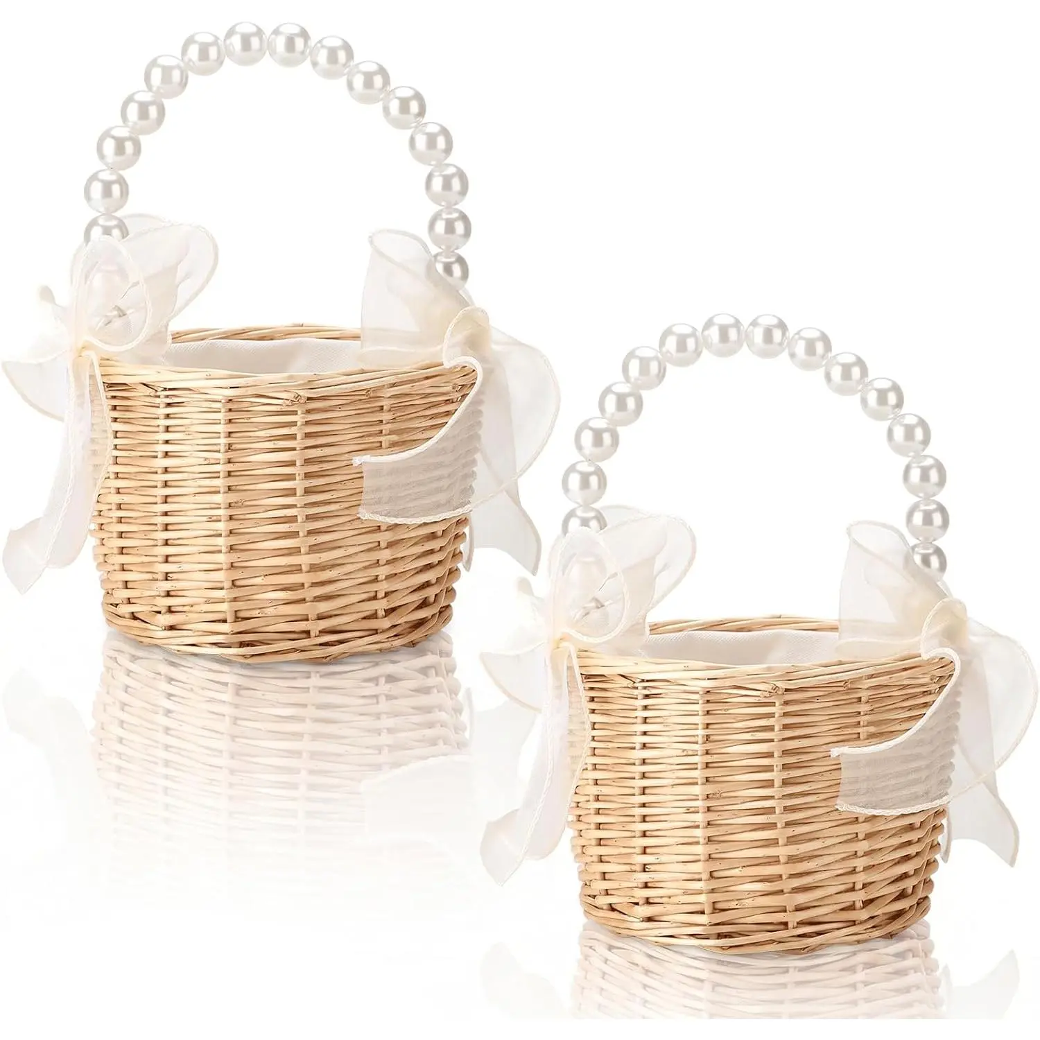 2 Pcs Small Round Handwoven Weave Wicker Flower Girl Baskets - Pearl Handle, Ribbon Bow, Flower Carrier for Wedding Favors, Easter Gifts, Bridal Shower Home Organizer Storage Baskets
