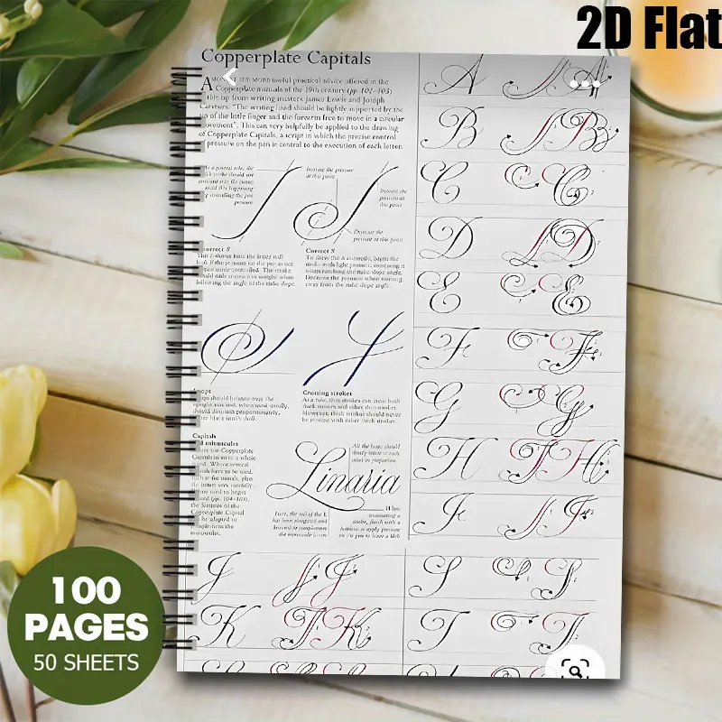 1pc Spiral Bound [2D]Flat Copperplate Capitals Calligraphy Guide Notebook with Lined 100 Pages, 5.7X8.26inch. Perfect for Calligraphy Practice, Handwriting Learning, Art Journaling. Ideal Gift for Students, Artists, Calligraphy Lovers on Christmas, Bir