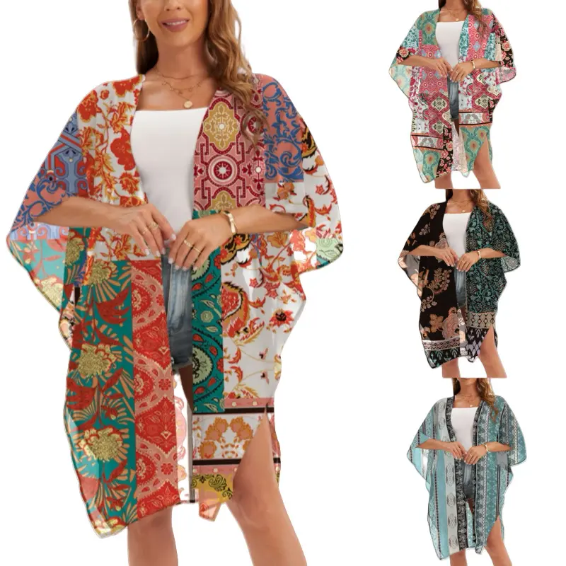 Women Lightweight Sun Protection Kimono Cover Up, Loose Beach Swimwear Shawl Cardigan, Thin Breathable Vacation Outfit Kimono Top for Poolside Travel