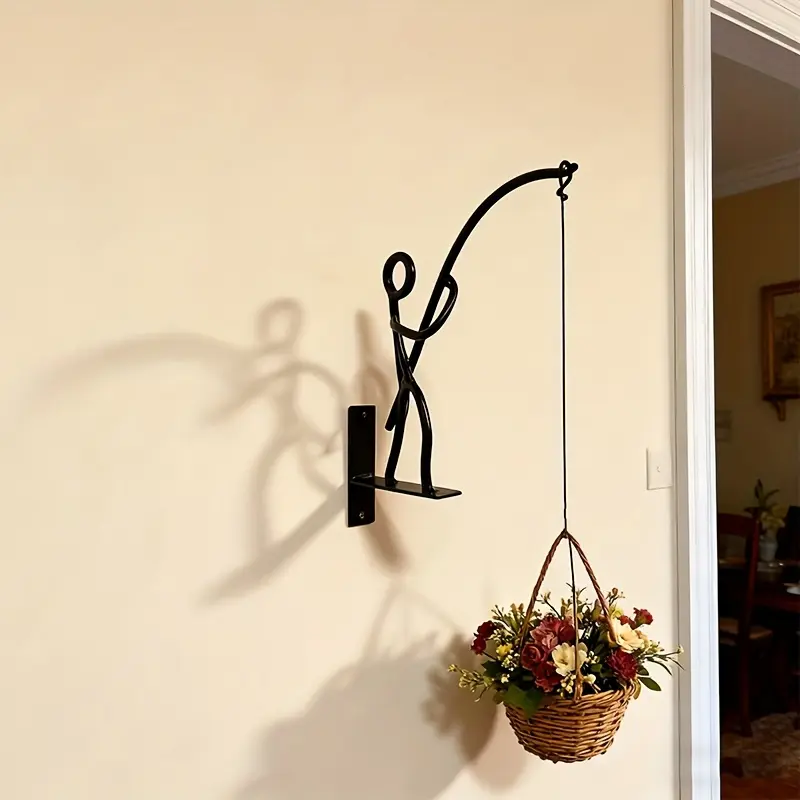 Rustic Creative Iron Fisherman Wall Planter - Outdoor Hanging Flower Pot with Fishing Rod, Bake-Painted Garden Pot for Balcony, or Wall - Irregular Plant Holder, Metal Wall Planters, Metal Planters for Outdoors (Suitable for Plants)