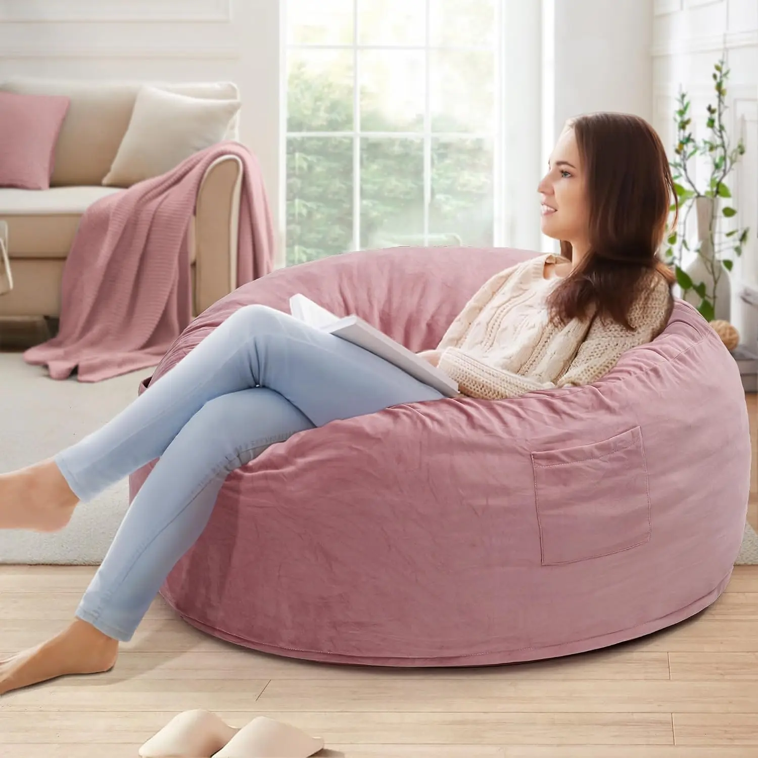Bean Bag Chair with Filling Included, Large 4FT Comfy Bean Bag Chairs for Adults, Teens, Memory Foam, Machine Washable Thick Dutch Velvet Cover, for Living Room, Den, or Bedroom, Pink