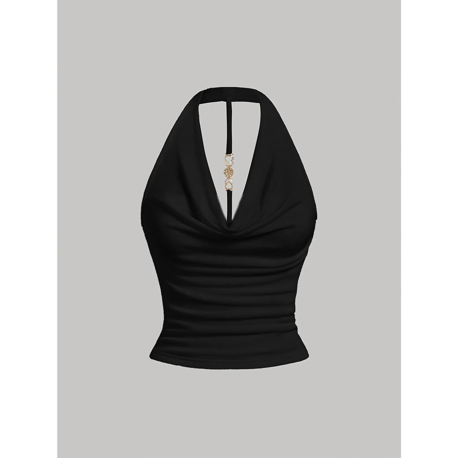 Women's Chic Halter Neck Camisole, Elegant Solid Knit Polyester Fabric Tank Top with Metal Back Detail, Women's Clothes, Adult, Sleeveless, Elastane, Sporty Chic, Camisole Top, Polyester Blend, Plain Solid, Machine Wash Safe, Back Metal Decoration