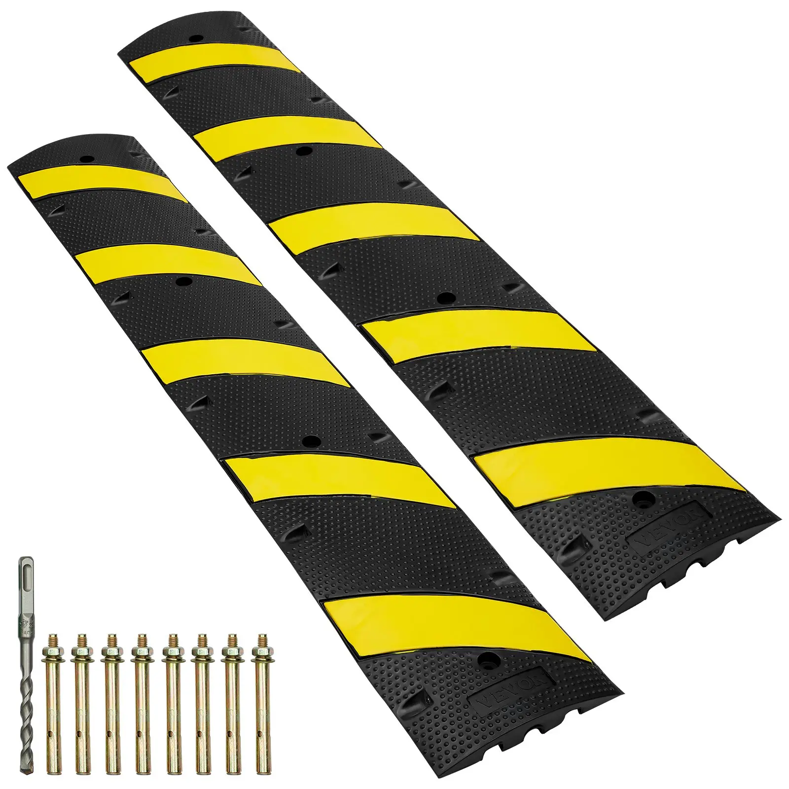 【DealsForYouDays】VEVOR 2PCs 6 ft/72'' Rubber Speed Hump, 2 Channel, 22000 lbs Capacity Heavy Duty Traffic Speed Bump, with High Reflective Yellow Strip 8 Expansion Screws and 1 Drill, for Asphalt Concrete Gravel Road