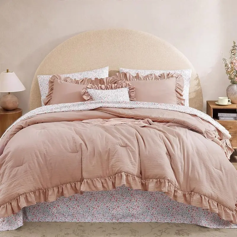 Queen Comforter Set - 7-Piece Polyester Pink Ruffle Shabby Chic Garden Farm Bedding Set, Includes Floral Print Sheets, Aesthetic Bedding for Home Room Decor