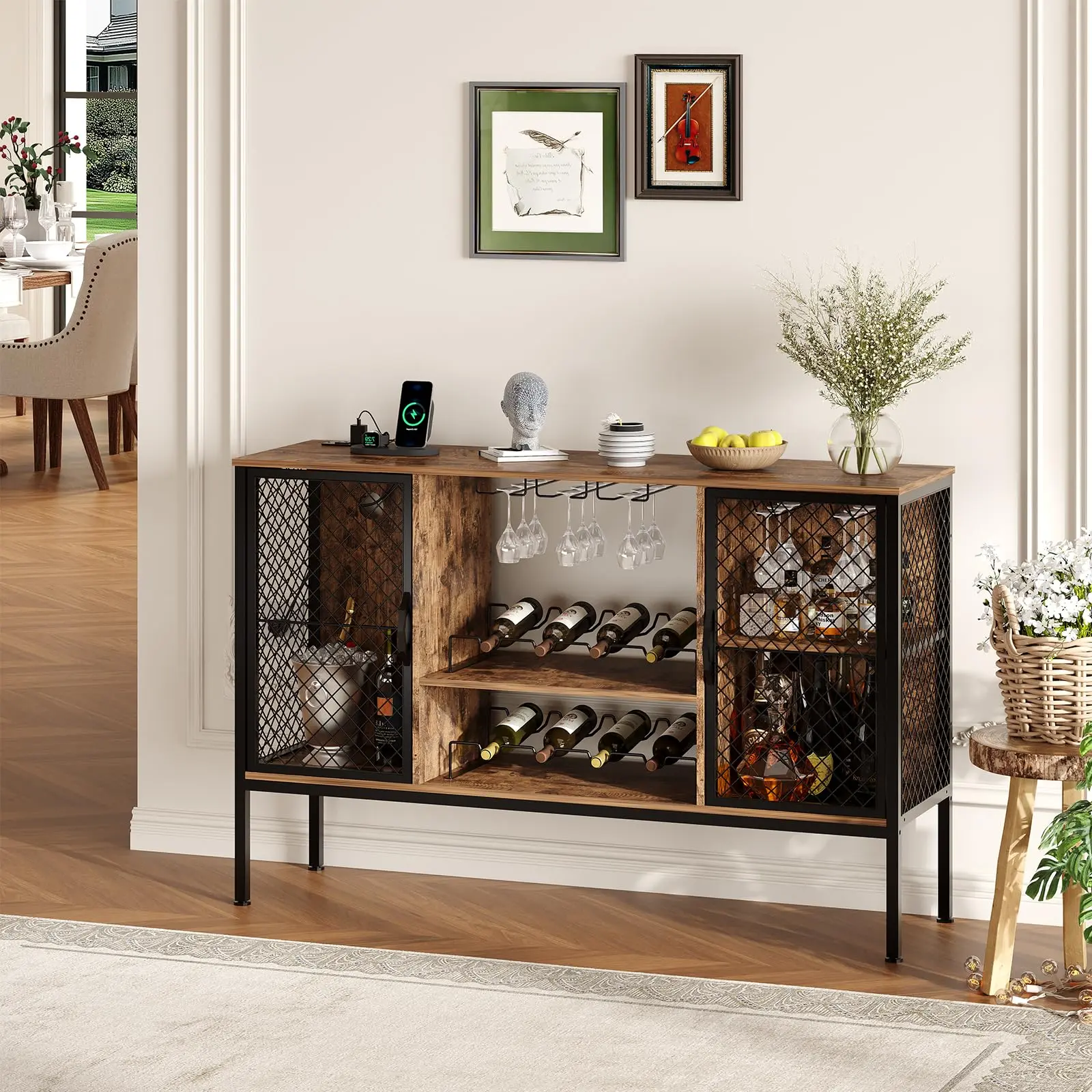 Garvee 47-Inch Industrial Coffee Bar Cabinet with LED Lights, Power Outlets, Wood Liquor Storage, 2 Doors, Glass Holders, Mini Coffee Bar for Home Dining and Living Room in Rustic Brown