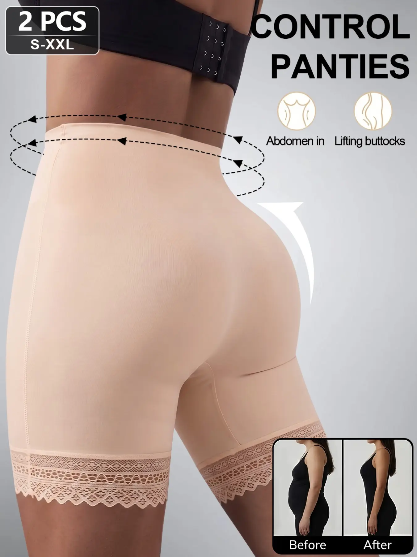 2-Pack Seamless High-Waist Lace Shapewear Shorts, Abdominal Control, Butt Lifting, Anti-Roll Safety Pants, Women's Anti-Chafe Daily Underwear, Elegance