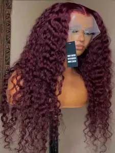 26-Inch Burgundy Kinky Curly Wig, 99j，180 Density, Glueless, Heat Resistant, 13x4x1 Lace Front, Pre-Plucked, Fashion Synthetic Wig for Women
