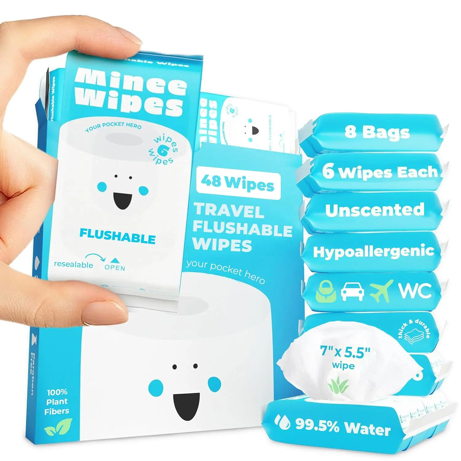 Impossibly Compact Travel Flushable Wipes - 99.5% Water and Aloe - Safe for   &  - Travel Essentials for Adults & , Unscented, 8 Pack 48 Wipes
