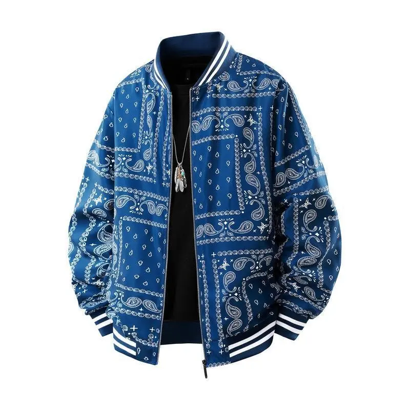 Men's Bandana Print Zip-Up Bomber Jacket Black White Paisley Pattern Oversized Street Style Daily Casual Hip-Hop Menswear Basic Coat Relaxed Fit Comfy Long Sleeve
