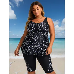 2026 New Plus Size Blue Dot Print Two-Piece Swimsuit Women'S U-Neck Ruched Tank Top + Knee-Length Bottoms for Beach Vacation, Casual & Modest Slimming