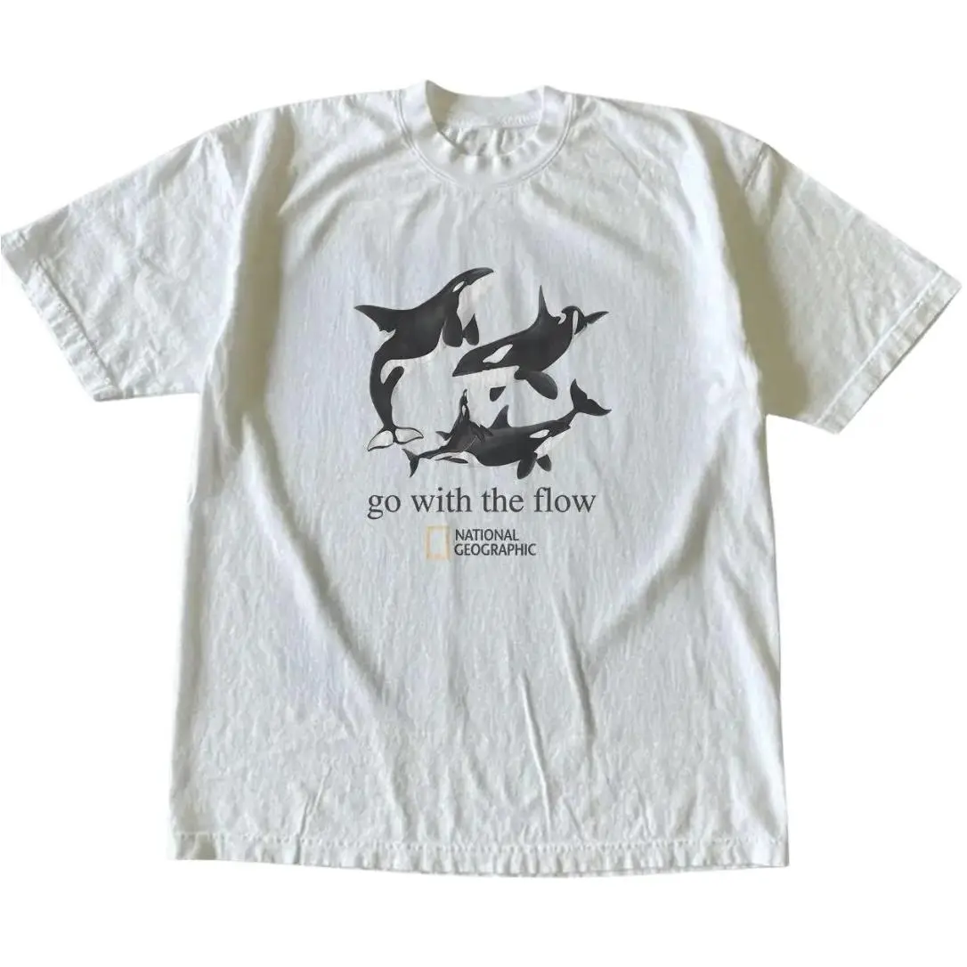 Orca Whale 'Go With The Flow' T-Shirt, Ocean Shirt, Animal Tee, Gifts Shirt, Unisex Vintage Graphic Tees Gothic Grunge Y2k Emo Scene Amity Affliction Style Clothes Men Women Streetwear