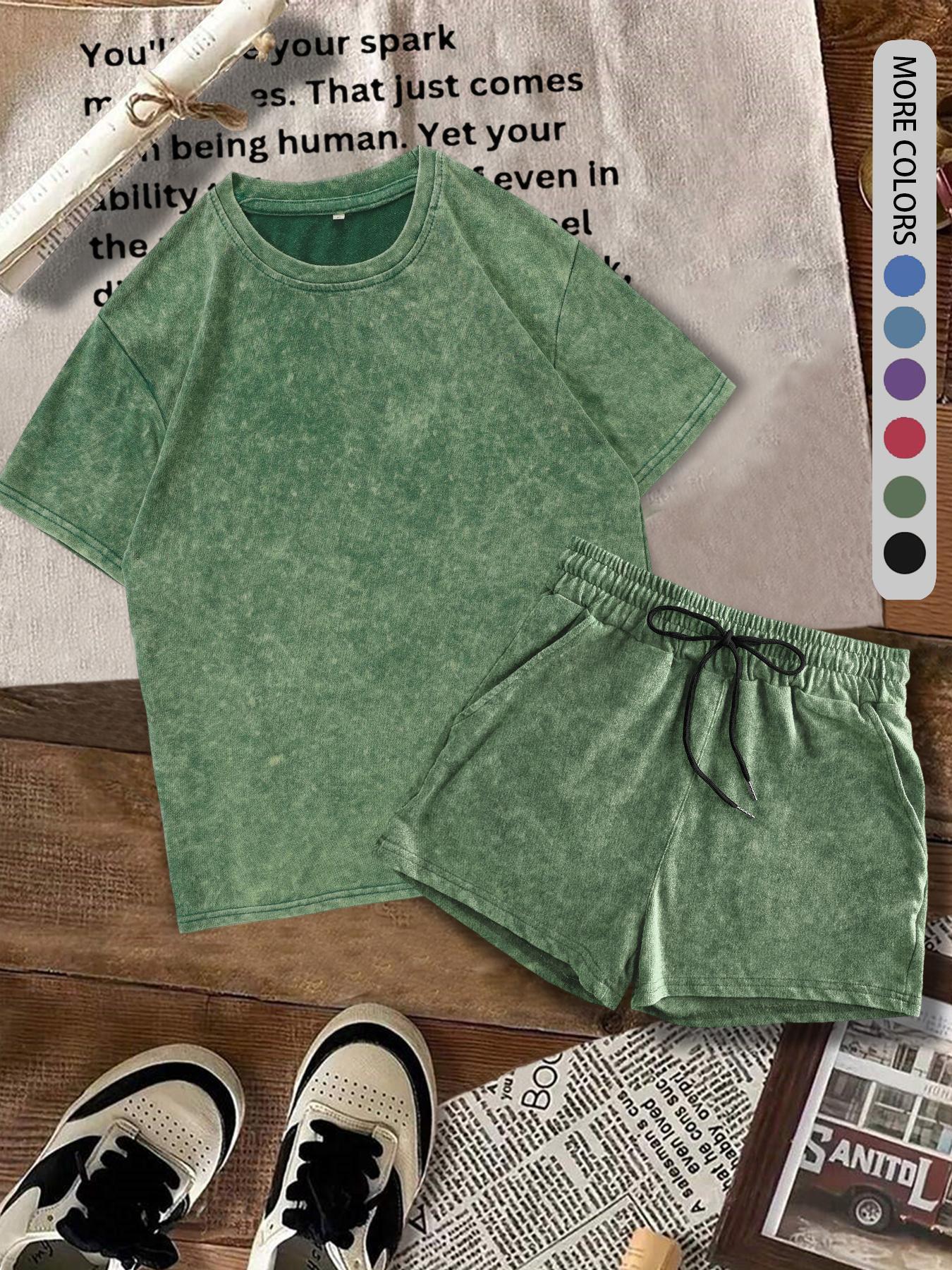 Two-piece Set Women's Solid Color Denim-effect Print Tee & Shorts, Casual Basic Round Neck Short Sleeve T-shirt & Shorts, Ladies Summer Clothes for Daily Wear, Matching Clothing Set Two-piece Set Women's Solid Color Denim-effect Print Tee & Shorts, Casual Basic Round Neck Short Sleeve T-shirt & Shorts, Ladies Summer Clothes for Daily Wear, Matching Clothing Set