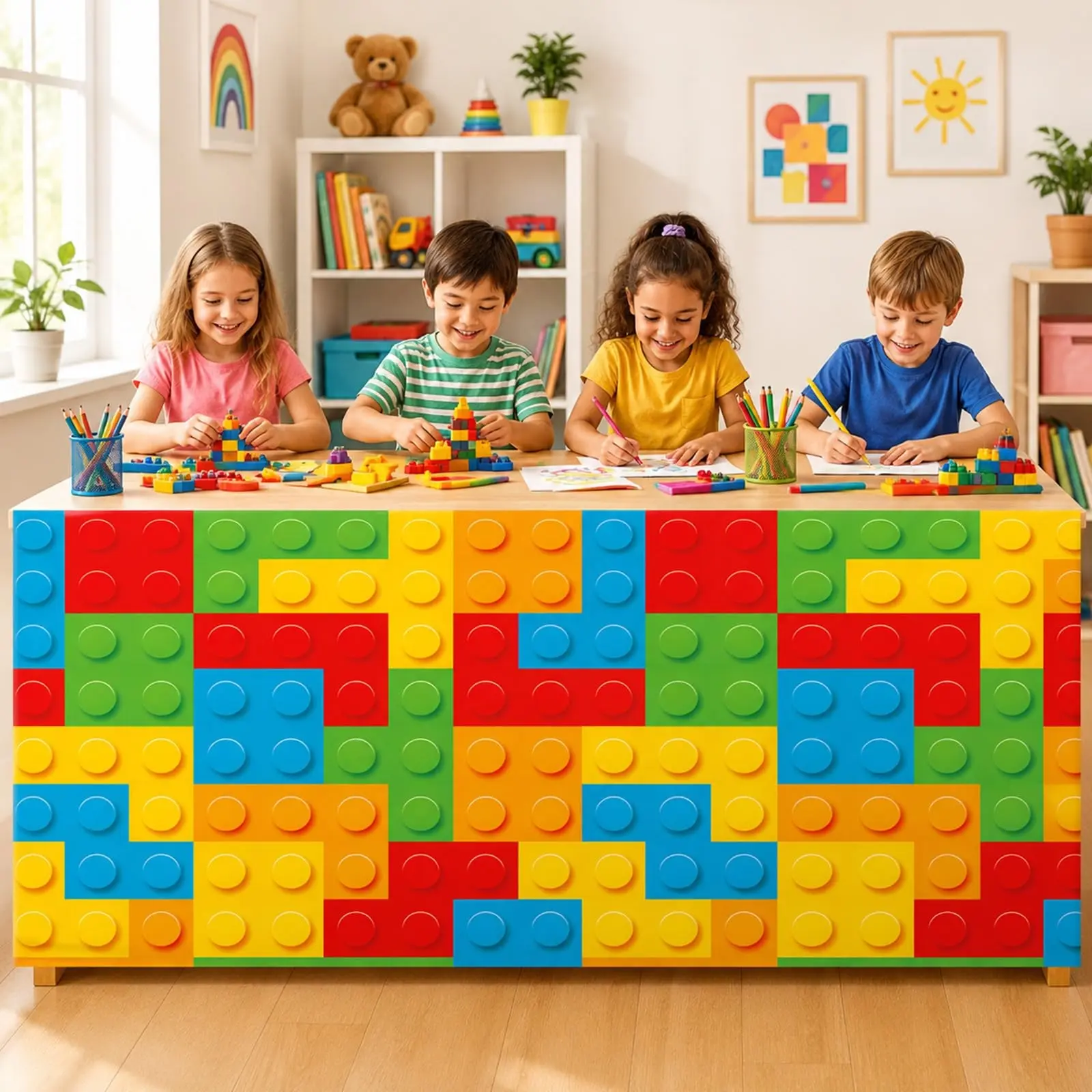 6 Feet Block Tablecloth, Teacher Desk Cover, Classroom Decor, Back-To-School Supplies, Office Bookcase Cabinet Decoration, Lego Home Decor Tablecloth