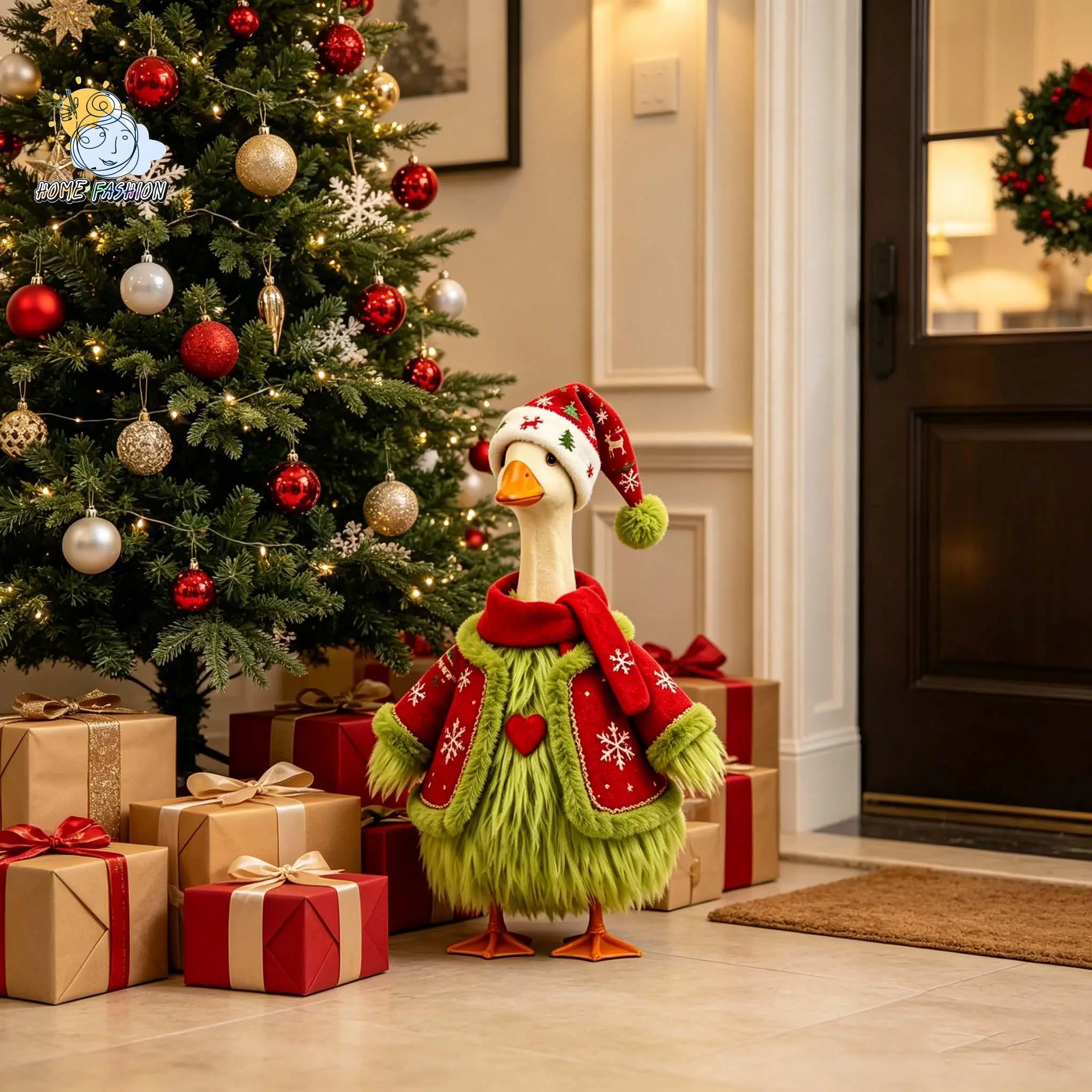 Christmas Fluffy Green Furry Duck Figurine Decor - Snowflake Embroidery Red Xmas Coat, Reindeer Tree Print Pom Pom Santa Hat, Matching Red Plush Scarf, Heart Chest Decor - Freestanding Christmas Tree Prop for Garden, Lawn, Outdoor Festive Home Supplies, Y