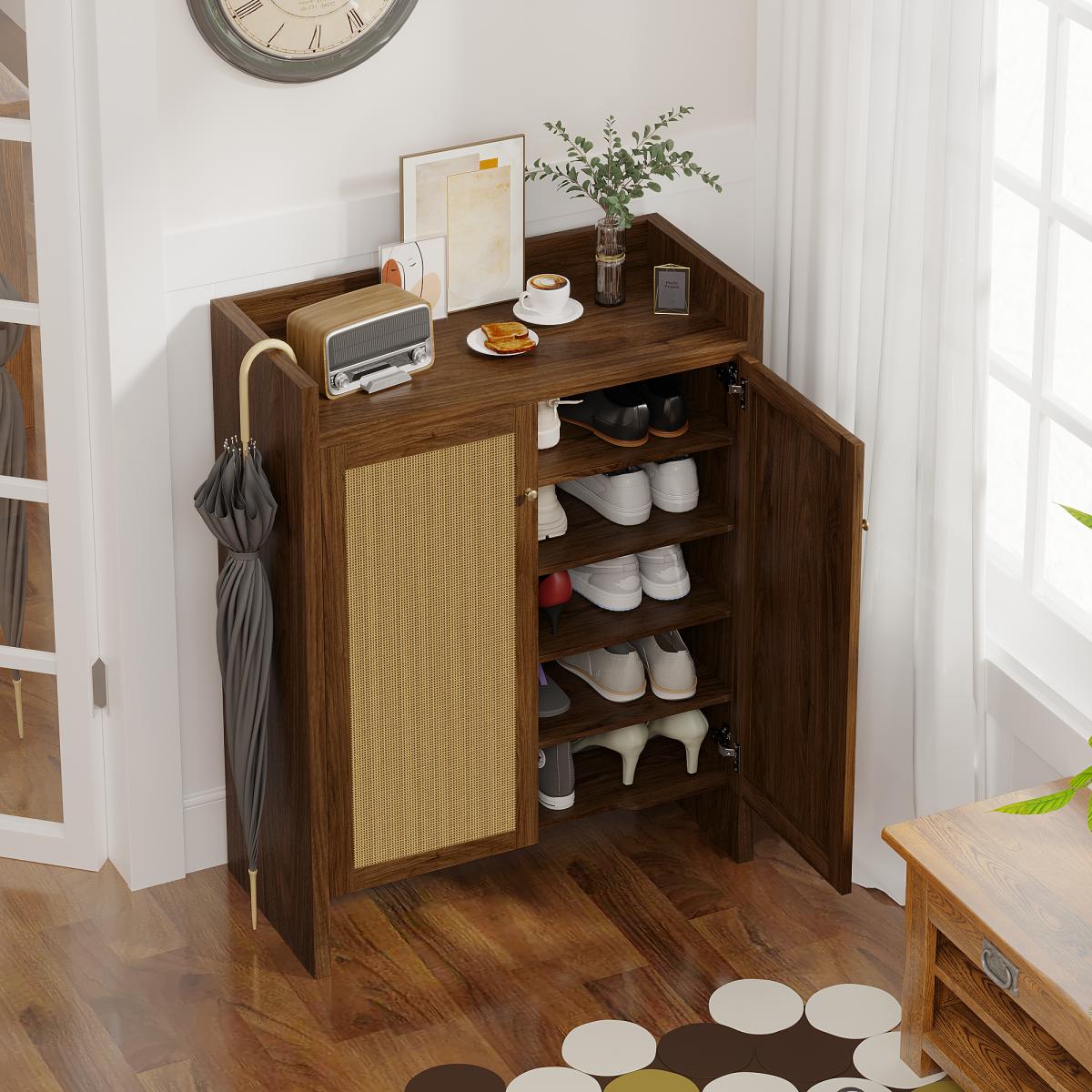 42.5" Tall Rattan Shoe Cabinet with Doors, 6-Tier Shoe Storage Cabinet with Adjustable Shelves, Wooden Freestanding Shoe Organizer Shoe Cabinet for Entryway,Hallway,Living Room (Walnut)