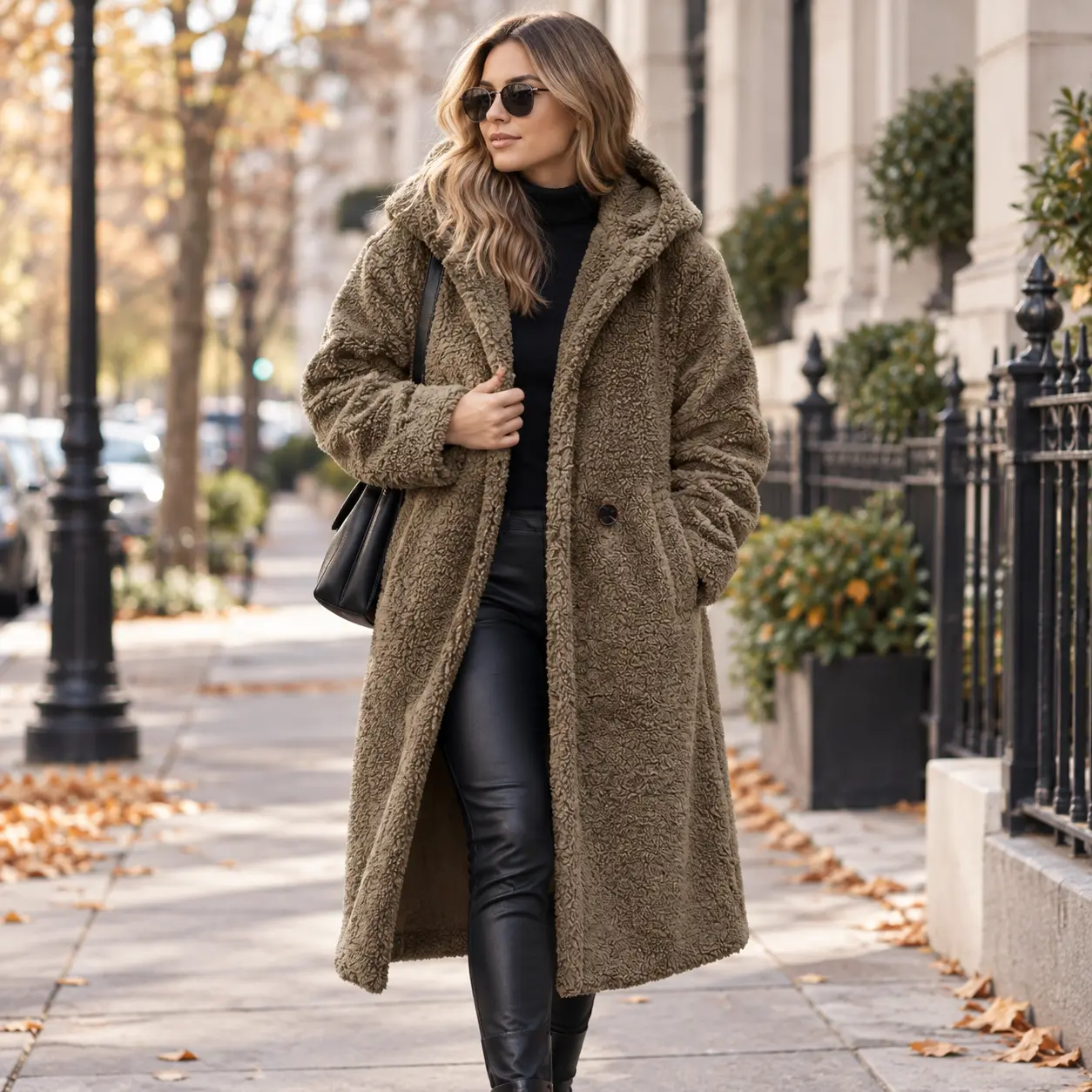 Women's Hooded Teddy Fleece Long Coat - Button-Front Warm Winter Faux Fur Outerwear with Pockets