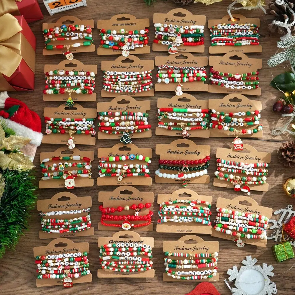 48Pcs Bulk Unisex Casual Polymer Clay Stretch Beaded Bracelets Set - Santa, Snowman, Tree, Bell Charms - Holiday Party Favors Costume Jewelry