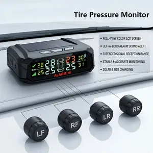 TPMS Automotive Tire Pressure Monitoring System Solar Powered USB Charging Wireless Real Time Pressure Temperature Monitor 4 External Sensors HD Color Display Auto Alarm Fits Sedans SUVs MPVs Car Accessories Road Trip Essentials Car Gadgets Easy Install