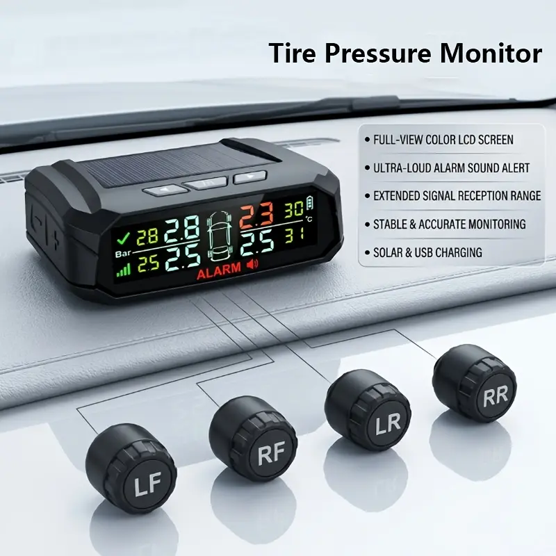 TPMS Automotive Tire Pressure Monitoring System Solar Powered USB Charging Wireless Real Time Pressure Temperature Monitor 4 External Sensors HD Color Display Auto Alarm Fits Sedans SUVs MPVs Car Accessories Road Trip Essentials Car Gadgets Easy Install,