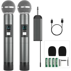 Digital  Microphone System, w/2 Handheld Dynamic Microphones,15 UHF Frequency Groups, Mini Receiver, Metal Cordless Mic for Karaoke,Church,DJ,Singing (-2-2H)