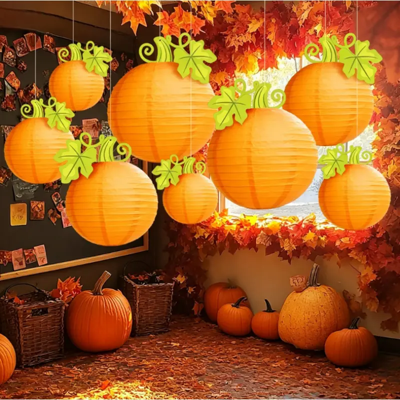 12 Cute Halloween Pumpkin Hanging Paper Lanterns, Autumn Harvest Thanksgiving Halloween Party Ceiling Decorations, Indoor Home Fall-Themed Hanging Ornament Supplies