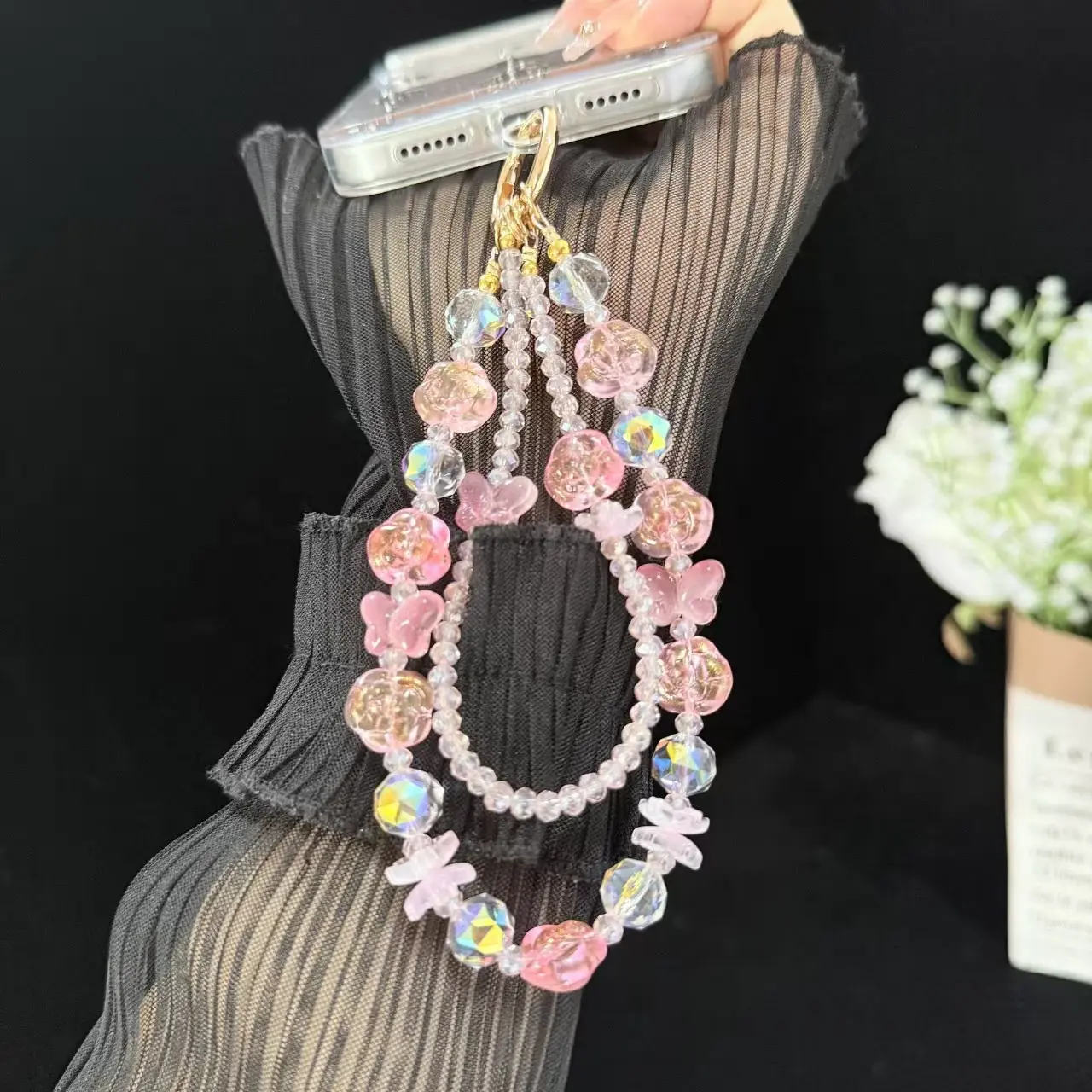 Cute Transparent Crystal Butterfly Rose Flower Dual Layer Phone Charm, Anti-Loss Wrist Strap, Bag Pendant, Earphone Holder, Backpack Decor