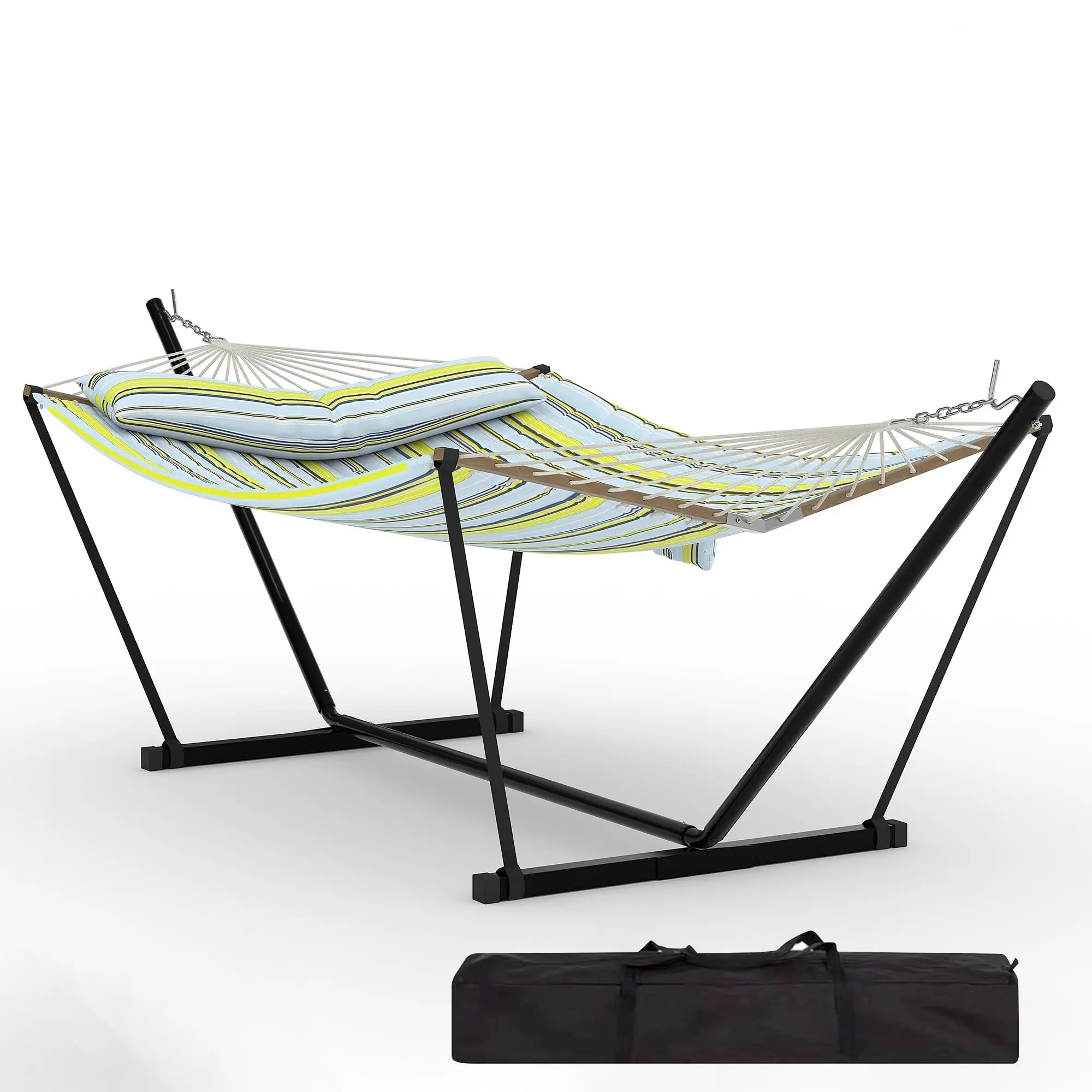 Heavy Duty Hammock Stand Set for Two People, Crafted with Weatherproof Quilted Cloth and Premium Hardwood Spreader Bars, Perfect Outdoor Hammock for Garden and Patio Spaces
