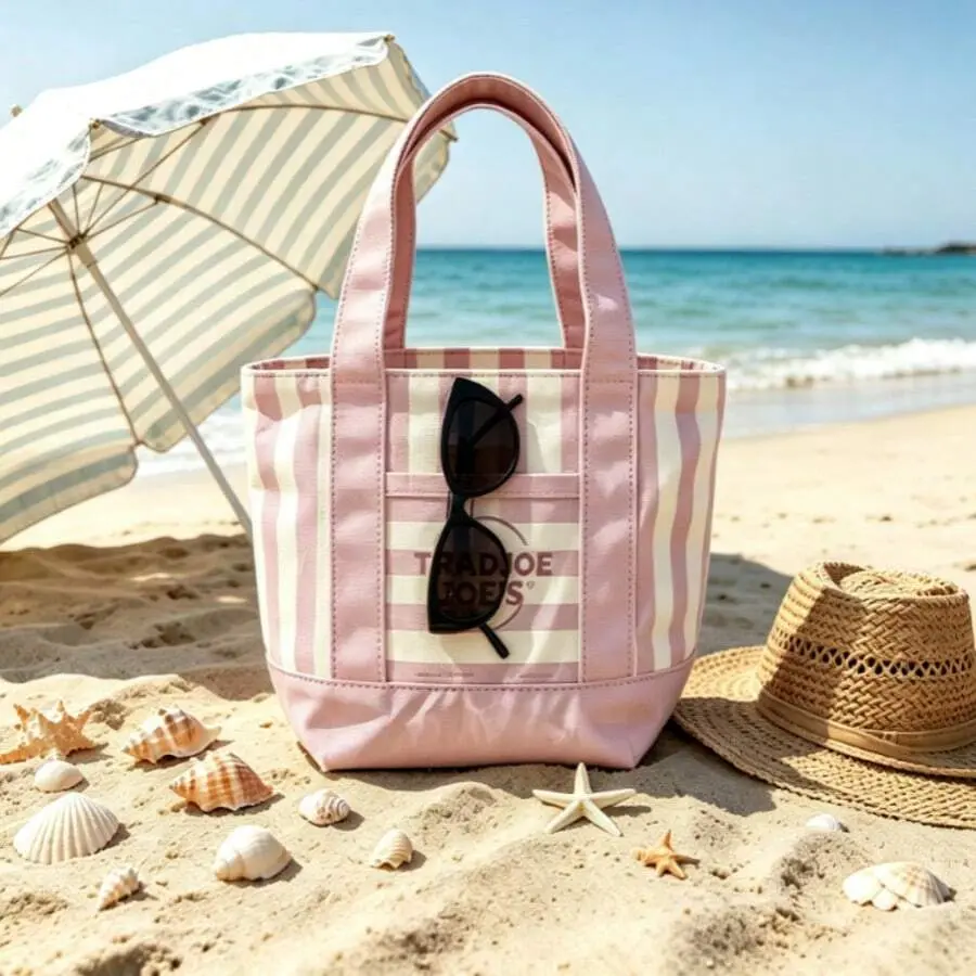 Striped Canvas Tote Bag – A durable canvas bag featuring pockets; it combines large capacity with a portable size and is reusable-perfect for DIY projects and Valentine's Day gifts.