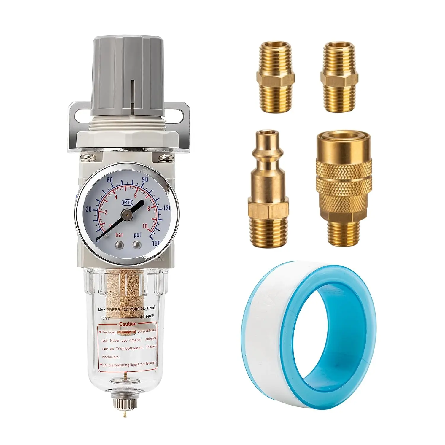 Pneumatic Air Compressor Filter Regulator Combo 1/4" NPT 150 PSI w/Adjustable Gauge-Water Separator,Metal Bracket,Manual Drain,5 Micron Brass