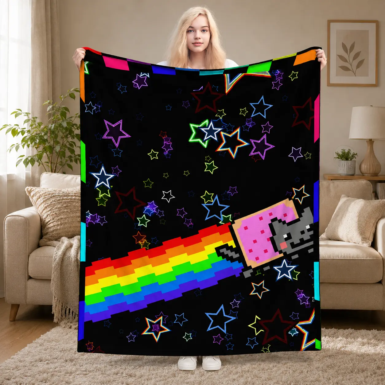 Cat Rainbow Pixel Nyan Blanket Ultra Soft Plush Flannel Cozy Warm Bedroom Couch Sofa Chair Throw Novelty Bedspread Decor Decorative Throw Perfect Birthday Gift Christmas Gift for Cat Lovers Kids Adults Viral Trending Colorful Retro Gaming Aesthetic Style
