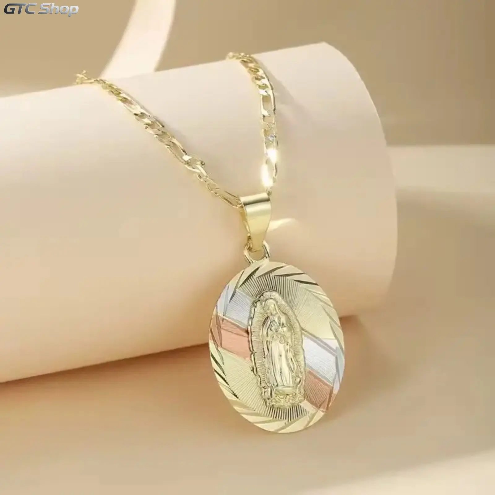 Tri-Color 14K Gold Plated Our Lady of Guadalupe Pendant Necklace for Men Women, Oval Virgin Mary Medal Necklace with Figaro Chain, Religious Catholic Protection Jewelry
