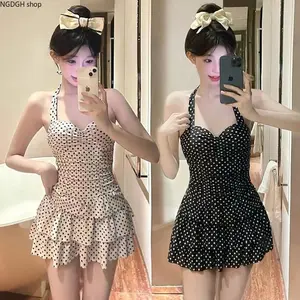 Trendy Black Polka Dot Swimdress - Sexy Yet Sweet Tiered Ruffle One Piece Swimsuit with Big Bow, Slimming Halter Swimwear for Summer Pool Party and Holiday Getaway