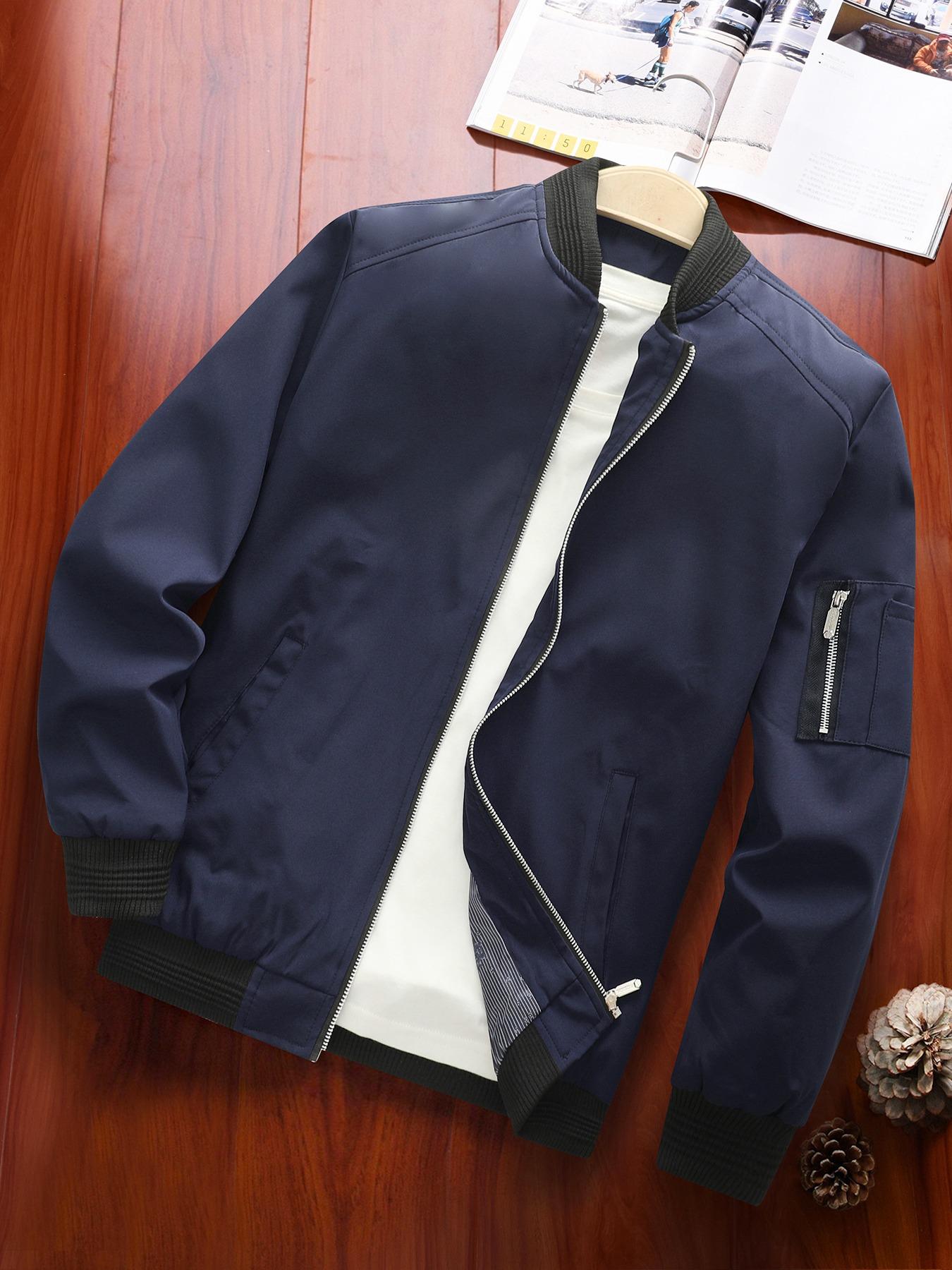 Men's Zipper Pocket Baseball Collar Varsity Jacket, Bomber Jacket Coat, Regular 2024 Mens Jacket, Casual Solid Color Baseball Jacket, Mock Neck Jacket, Going Out Outfit, Men's Streetwear Outerwear for Fall & Winter, Fall Clothes