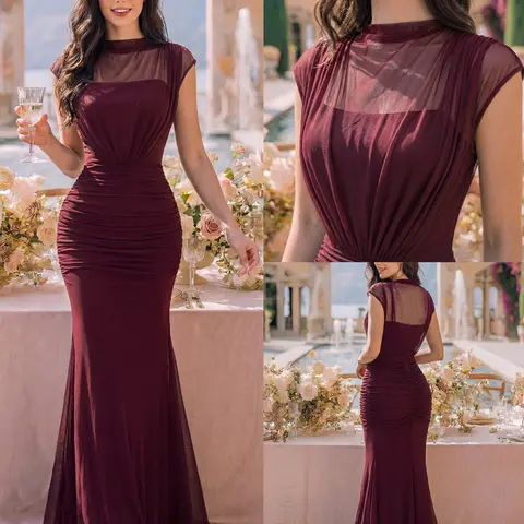 Ruched Mock Neck Fitted Waist Mermaid Hem Formal Elegant Maxi Dress, Formal Evening Gown, Suitable for Wedding Guest, Gala Dinner, Graduation Ceremony, Party, Prom