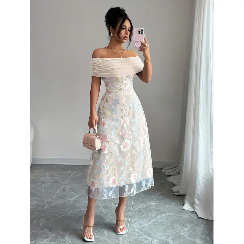 [Elegant Party Dress] Floral Patchwork Solid Color Off-the-Shoulder Neckline Elegant Party Women's Dress Bridesmaid Dress Gown campingessentials