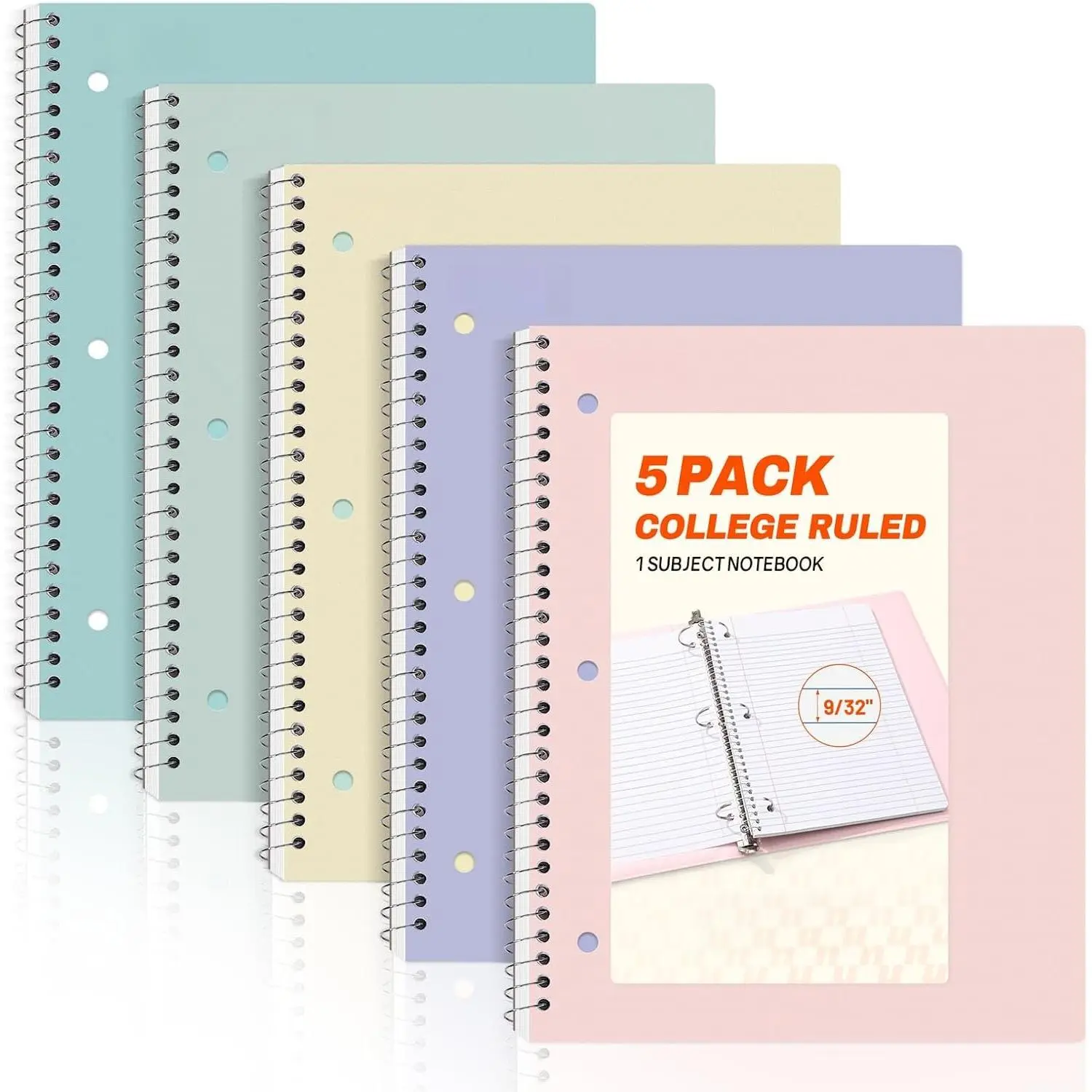 Spiral Notebooks, 1-Subject, 5 Pack, College Ruled Paper, 8" x 10-1/2", 70 Sheets per Notebook,3-Hole Punched Paper, ,, Blue, Green, Yellow Spiral Lined Notebooks for School,Work