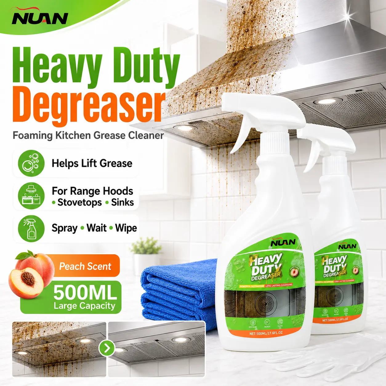 NUAN Heavy-Duty Kitchen Cleaner Spray - Household Cleaning Products, House Cleaning Supplies, Powerful Cleaner for Stainless Surfaces, Grease Stain Remover, Stain Removal Solutions, 17.6 fl oz (500mL)