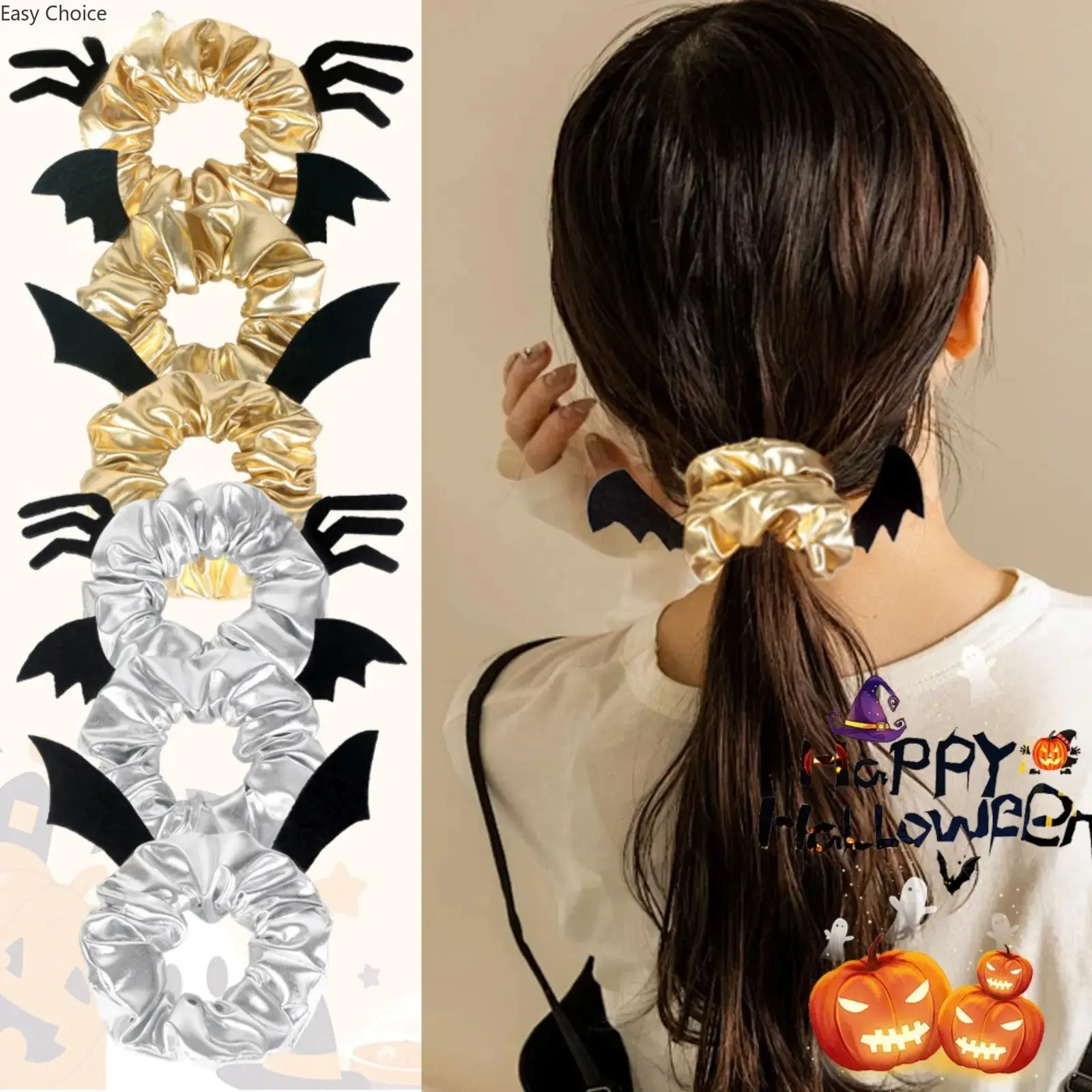 6 Pack Halloween Bat Wing Scrunchies, Metallic Shiny Glitter Hair Ties, Sparkly Ponytail Holders, Gothic Style Hair Accessories, Ideal For Cosplay, Costume Party And Daily Themed Outfit Matching